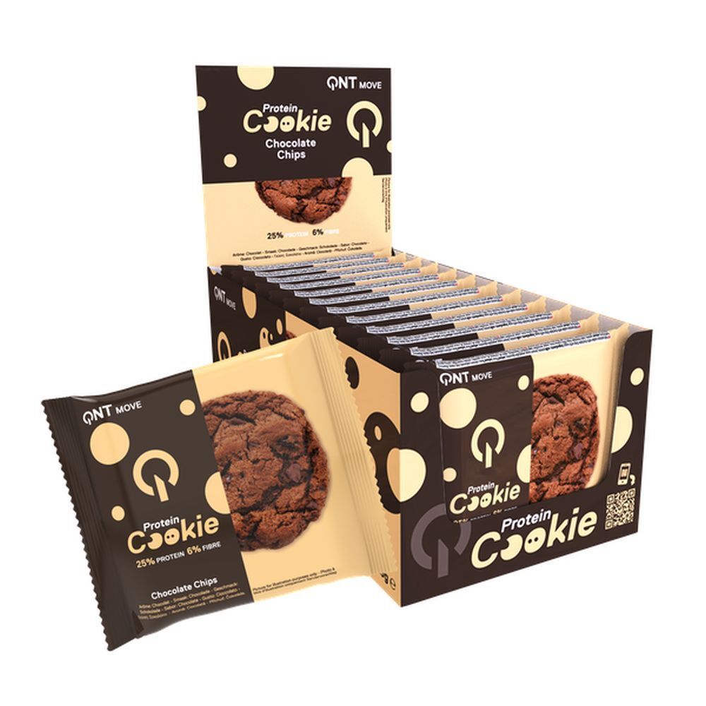 QNT Protein Cookie chocolade chips. Individuele koekjes en een geopende doos. Verpakking met merklogo.