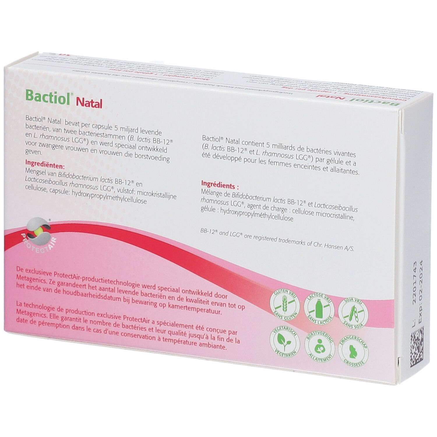 Achterkant van de Bactiol Natal verpakking. Bevat informatie over ingrediënten en productie.