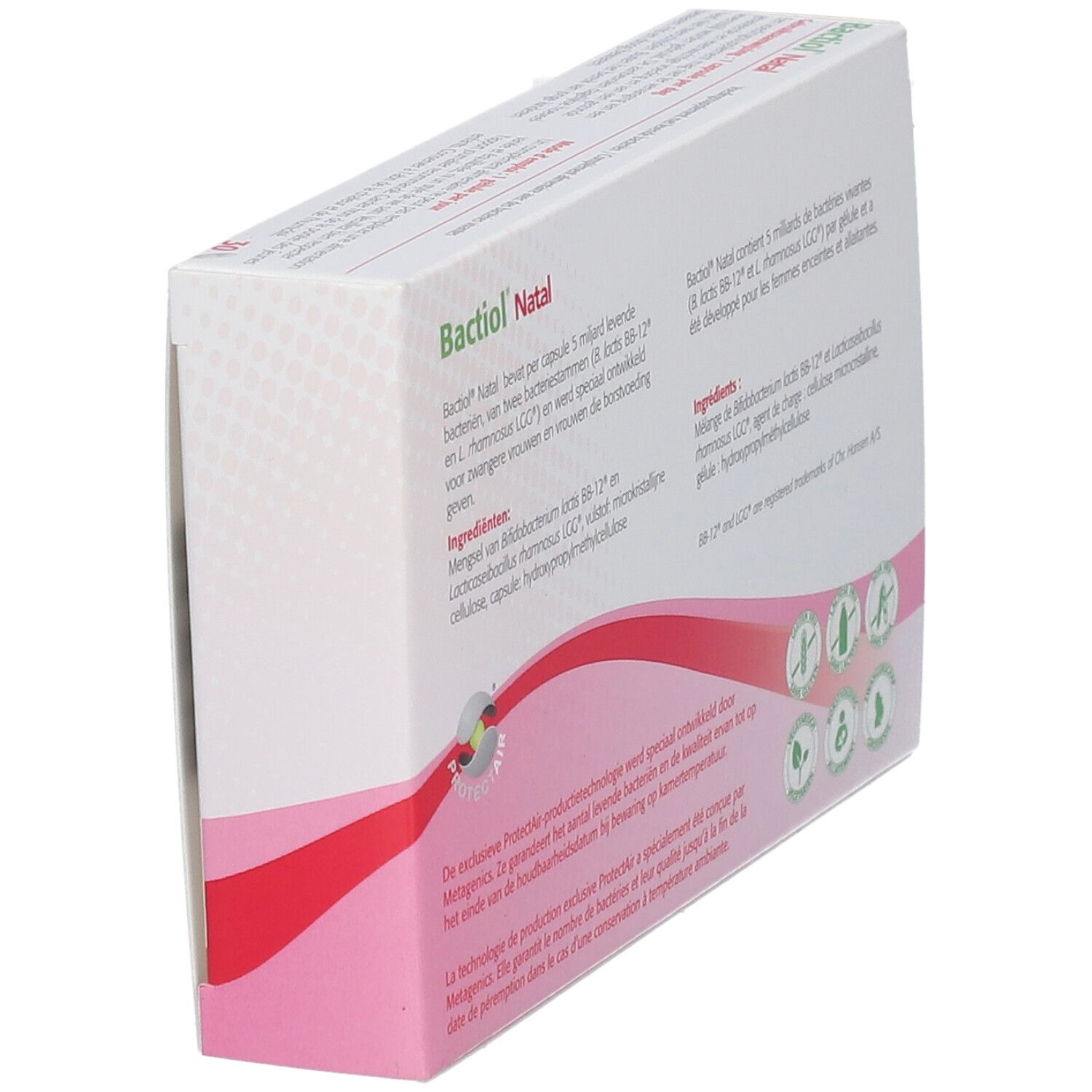 Schuine weergave van de Bactiol Natal verpakking. Toont informatie en logo's.