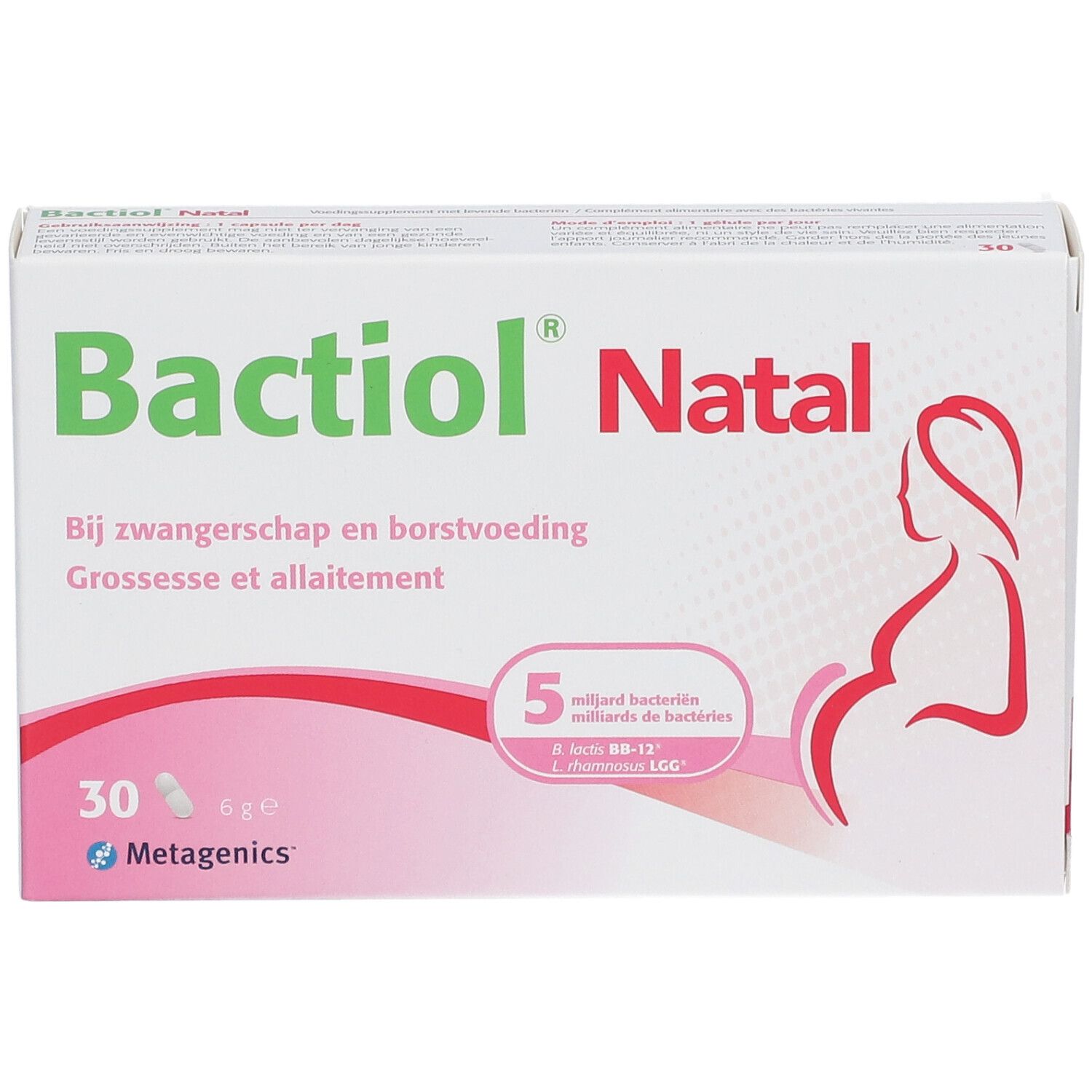 Witte doos met Bactiol Natal logo, roze accenten en zwangere vrouw. Bevat 30 capsules.