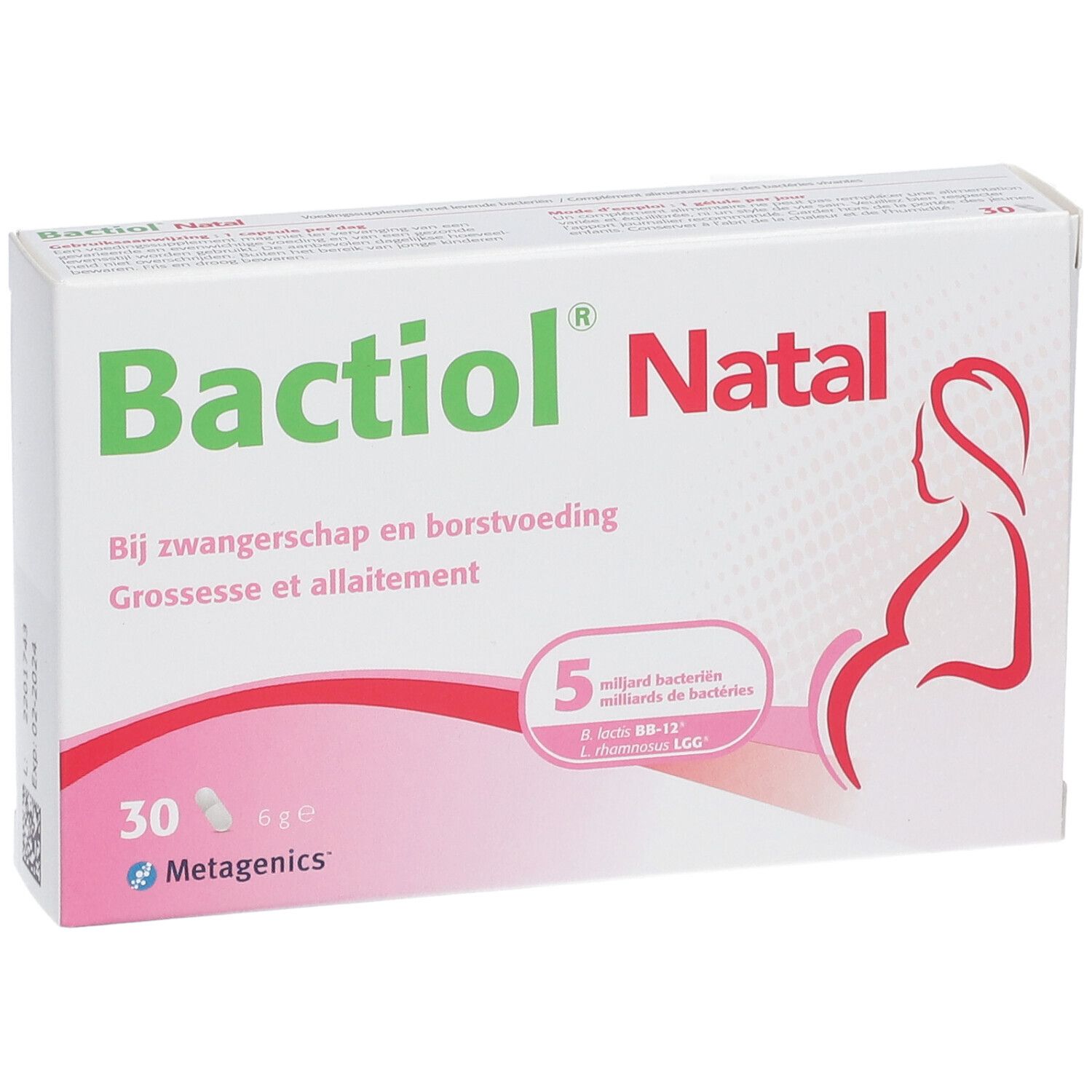 Witte doos met Bactiol Natal logo, roze accenten en zwangere vrouw. Bevat 30 capsules.