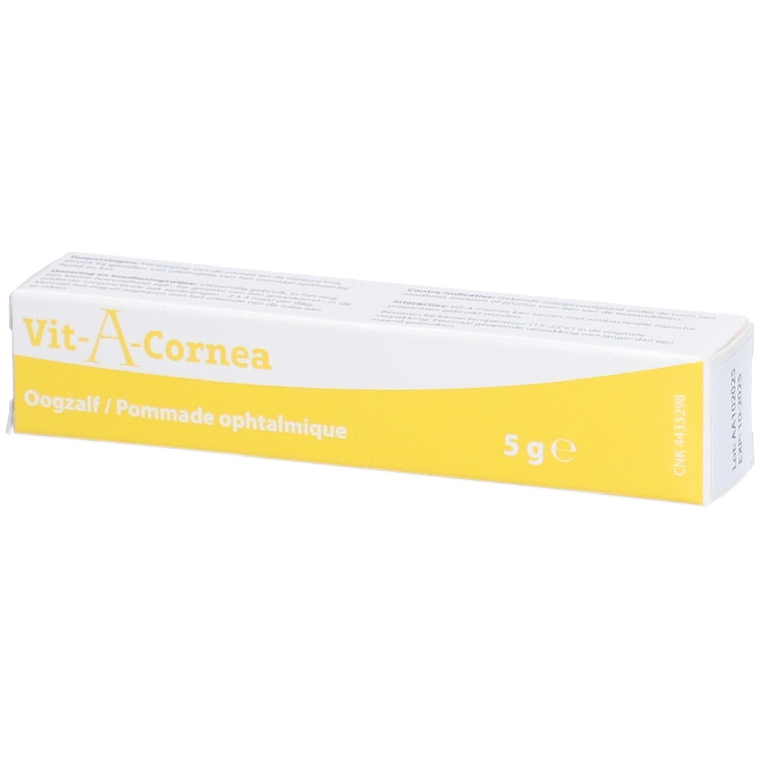 Boîte de VIT-A-CORNEA. Boîte blanche et jaune avec nom du produit et indication 5g.