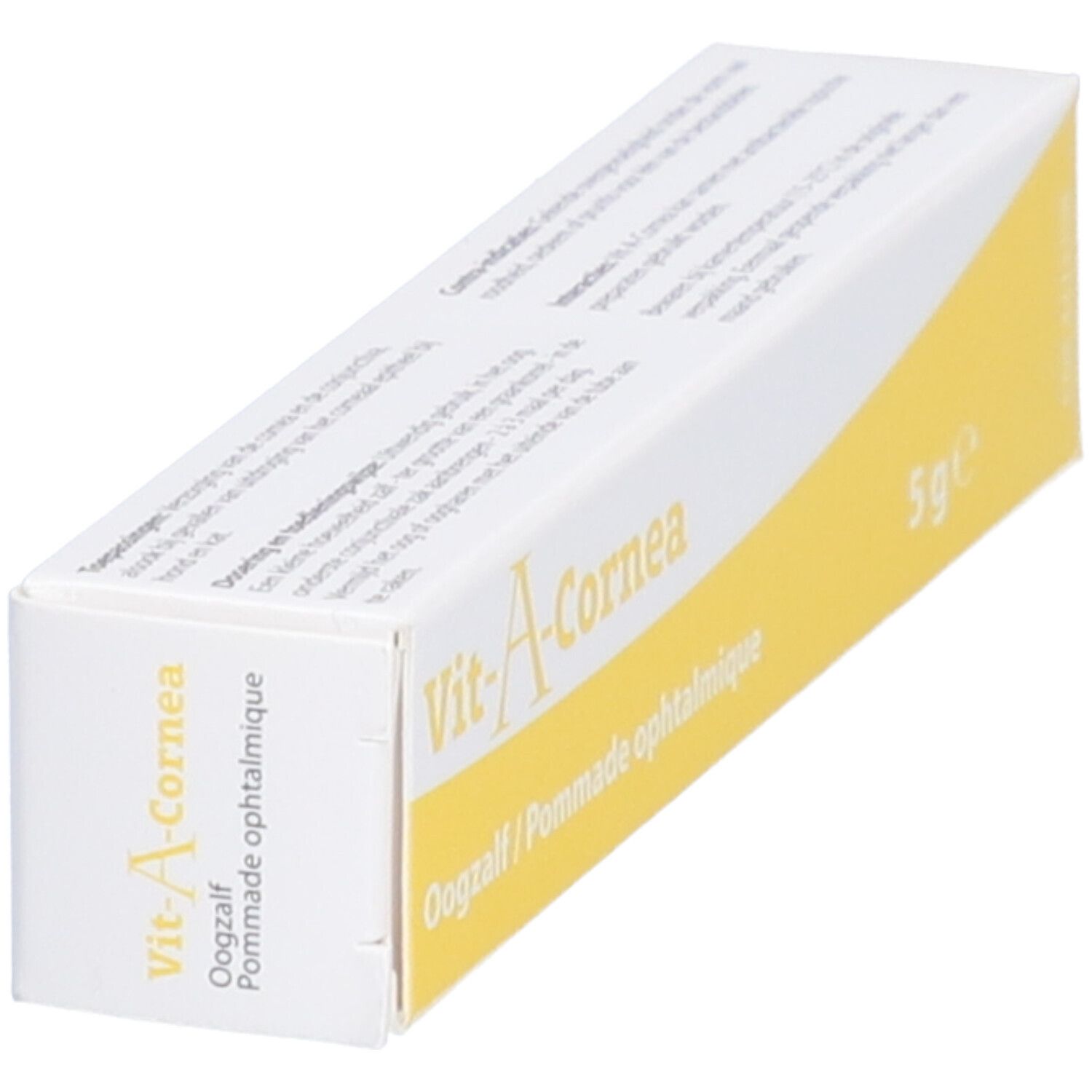Boîte de VIT-A-CORNEA en biais. Boîte blanche et jaune avec nom du produit et indication 5g.