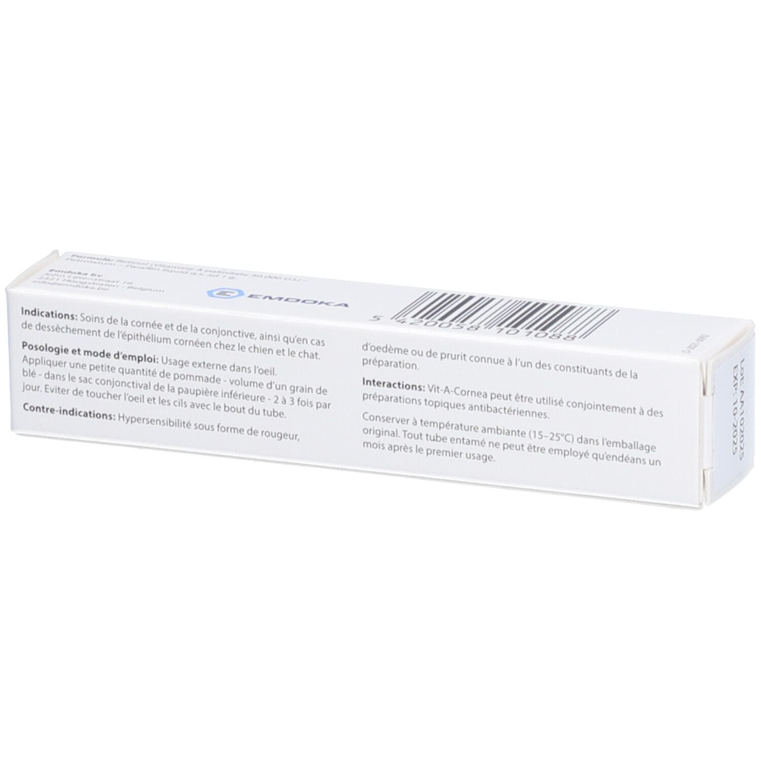 Dos de la boîte de VIT-A-CORNEA. Texte multilingue, logo du fabricant et code-barres.