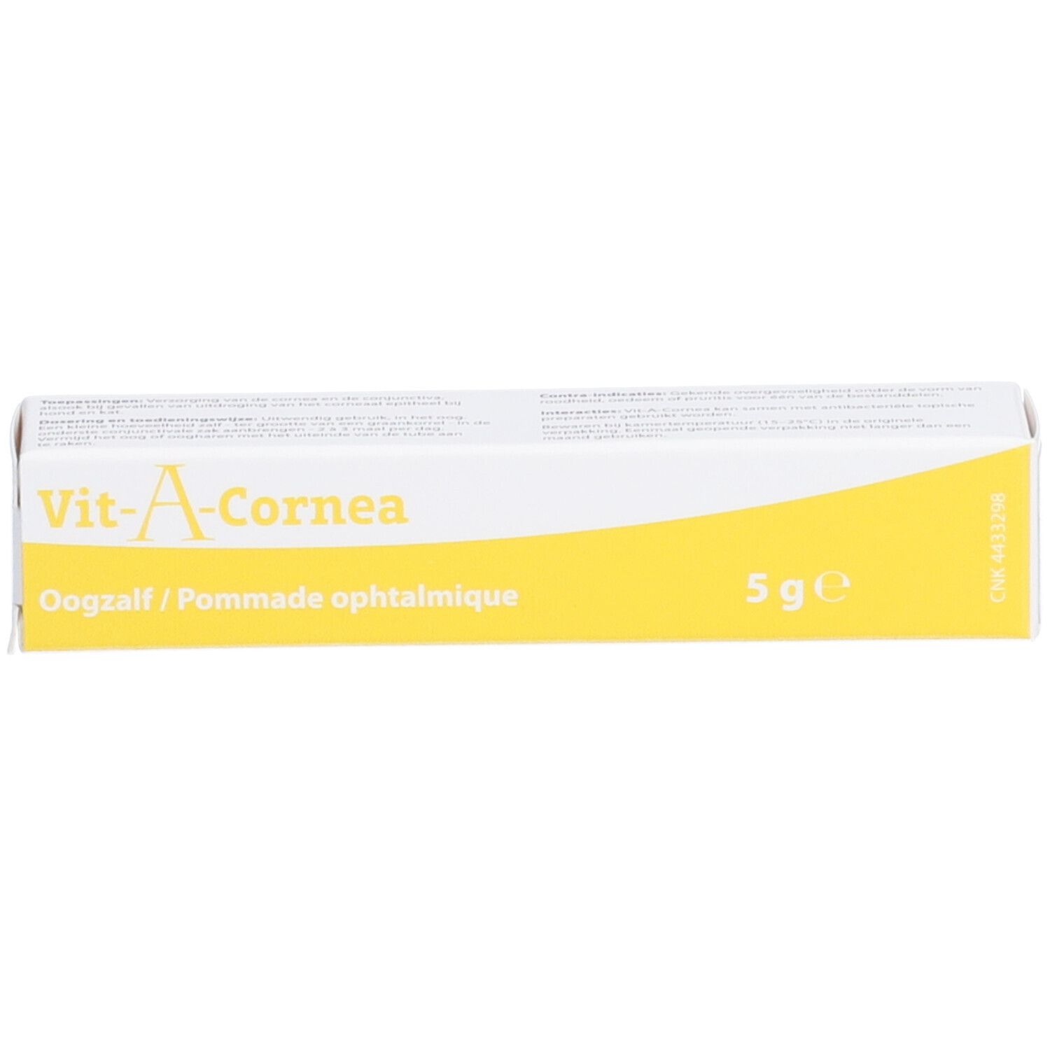 Boîte de VIT-A-CORNEA. Boîte blanche et jaune avec nom du produit et indication 5g.