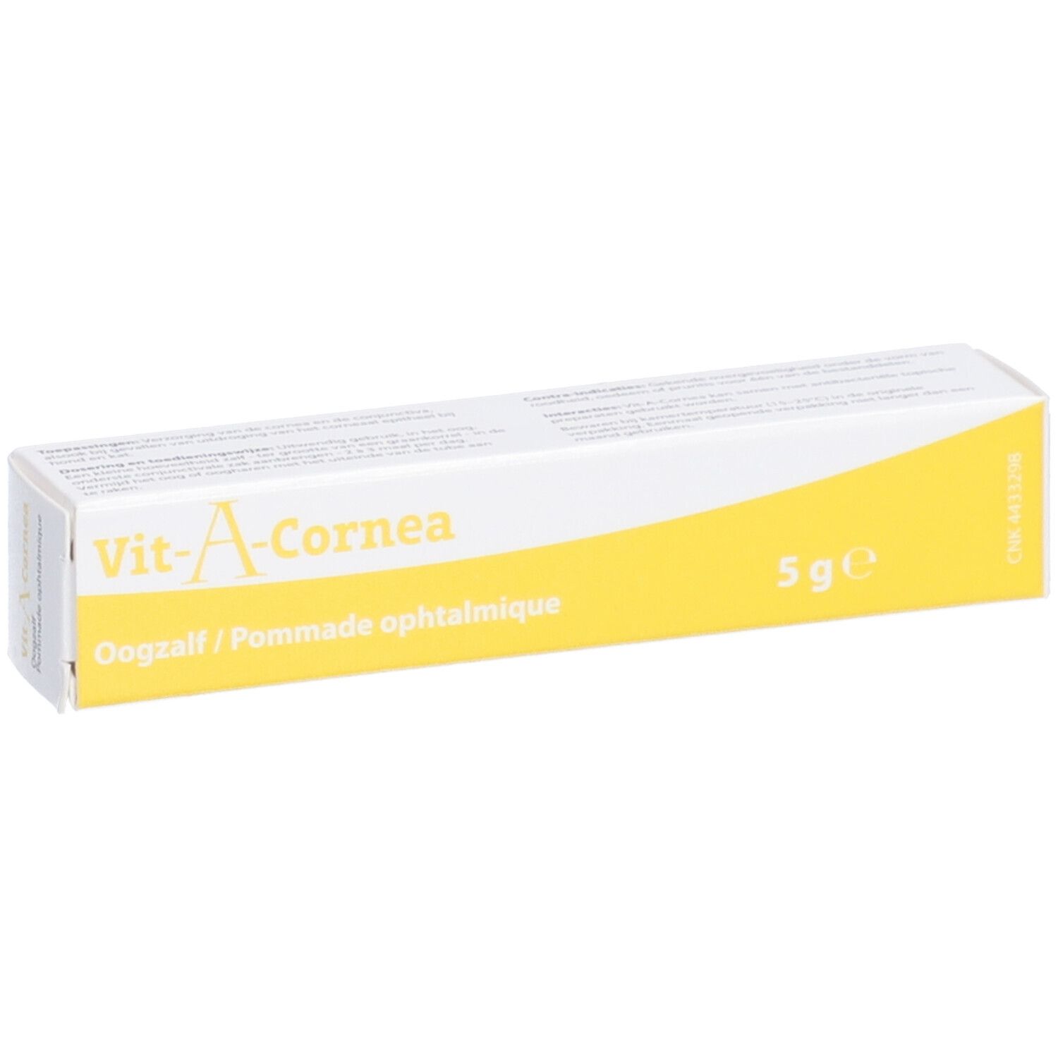 Boîte de VIT-A-CORNEA. Boîte blanche et jaune avec nom du produit et indication 5g.