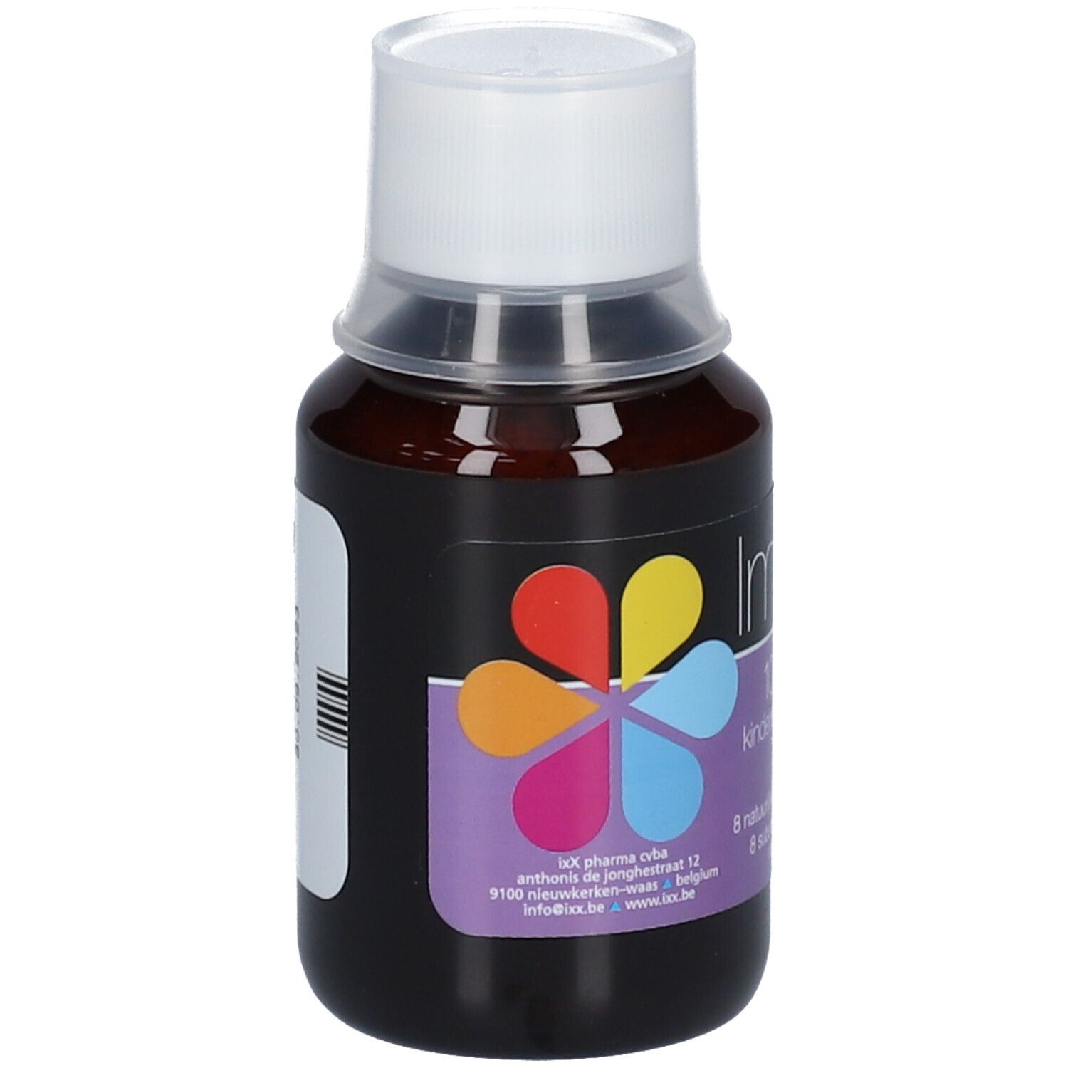 Bruine fles met witte dop. Etiket met productnaam en logo. Voor kinderen.