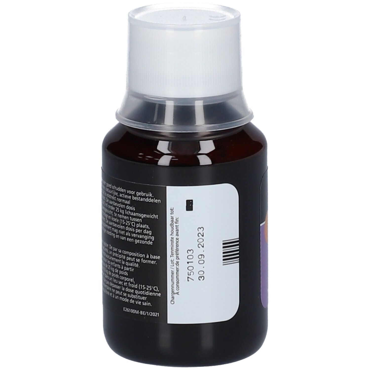 Bruine fles met witte dop. Etiket met informatie en vervaldatum. Voor kinderen.