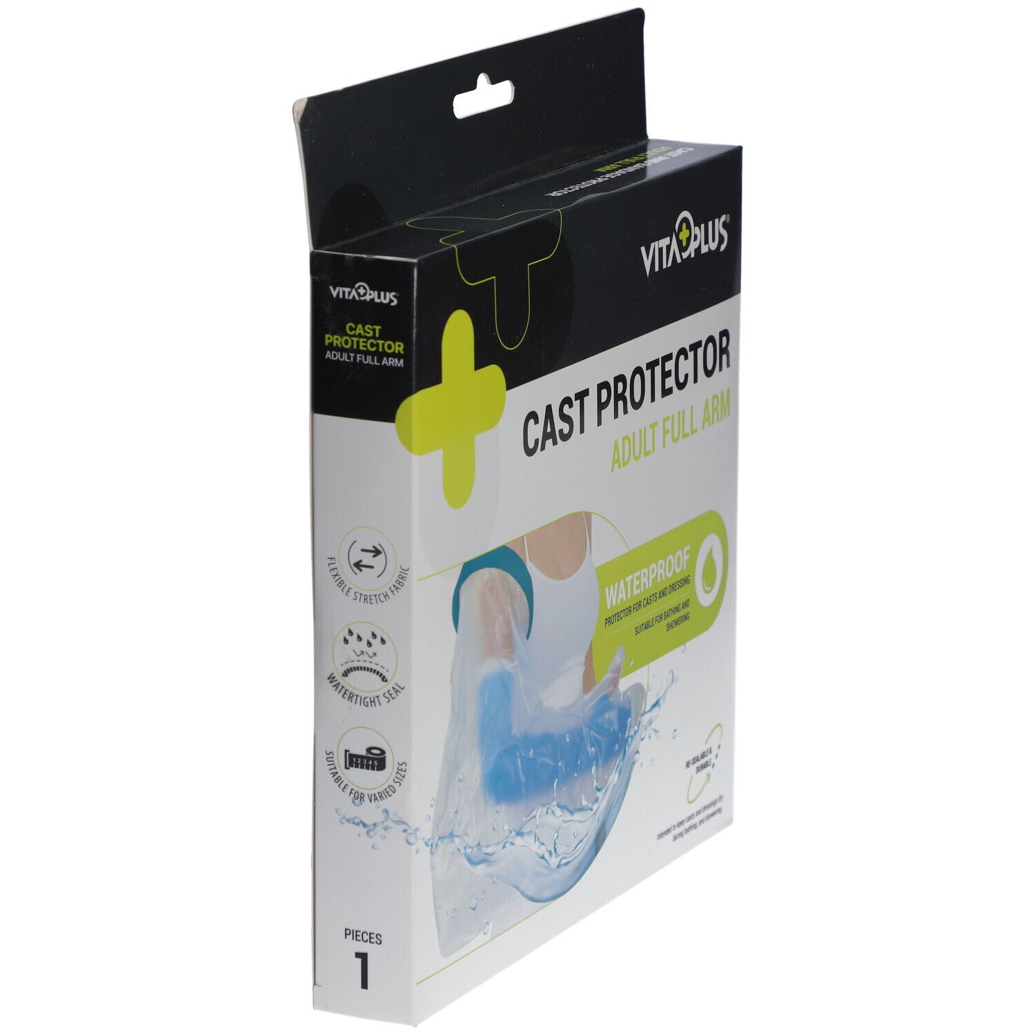 Emballage de protection de plâtre pour bras. Dessus noir avec croix jaune et logo "VITA PLUS". Nom et description du produit.