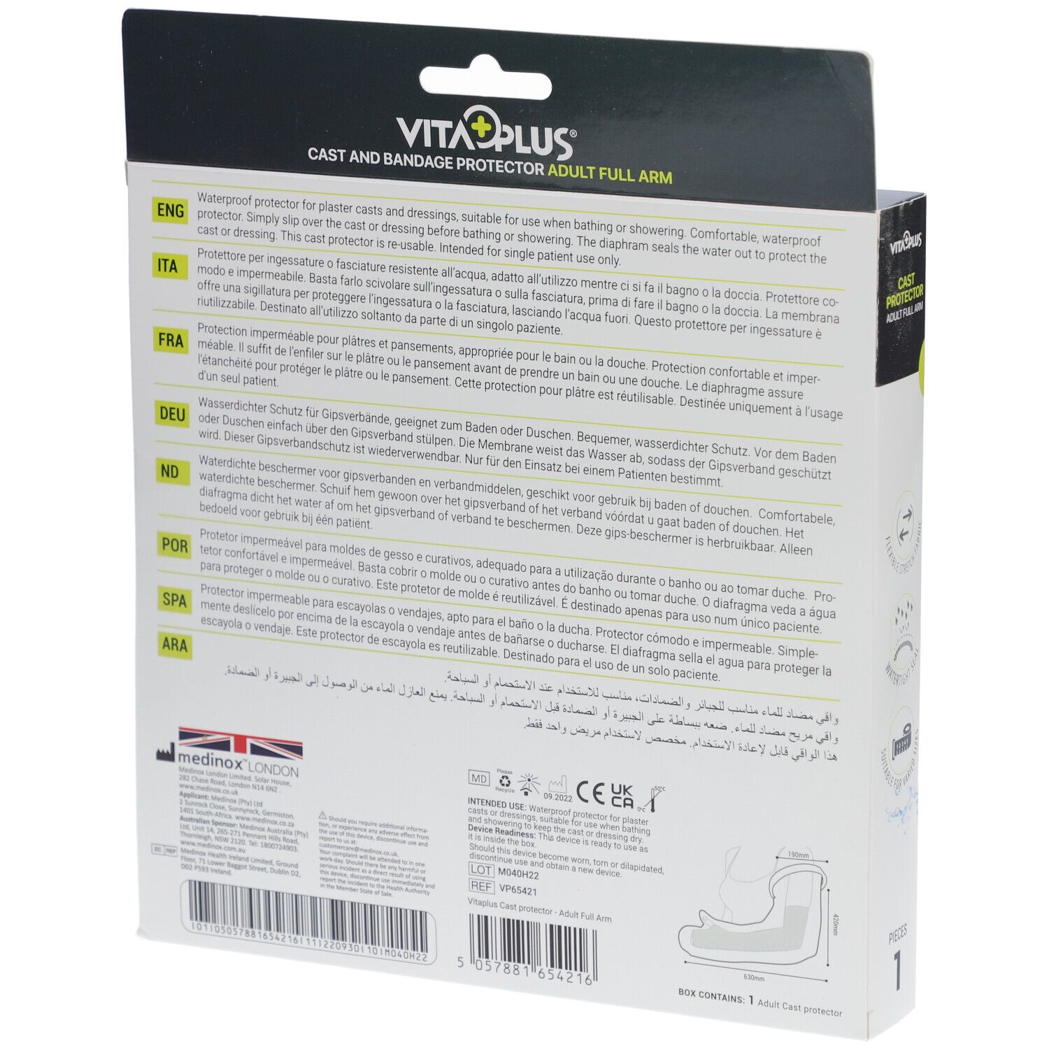 Dos de l'emballage de protection de plâtre pour bras. Informations multilingues sur le produit et logos. Contient un dessin du produit.