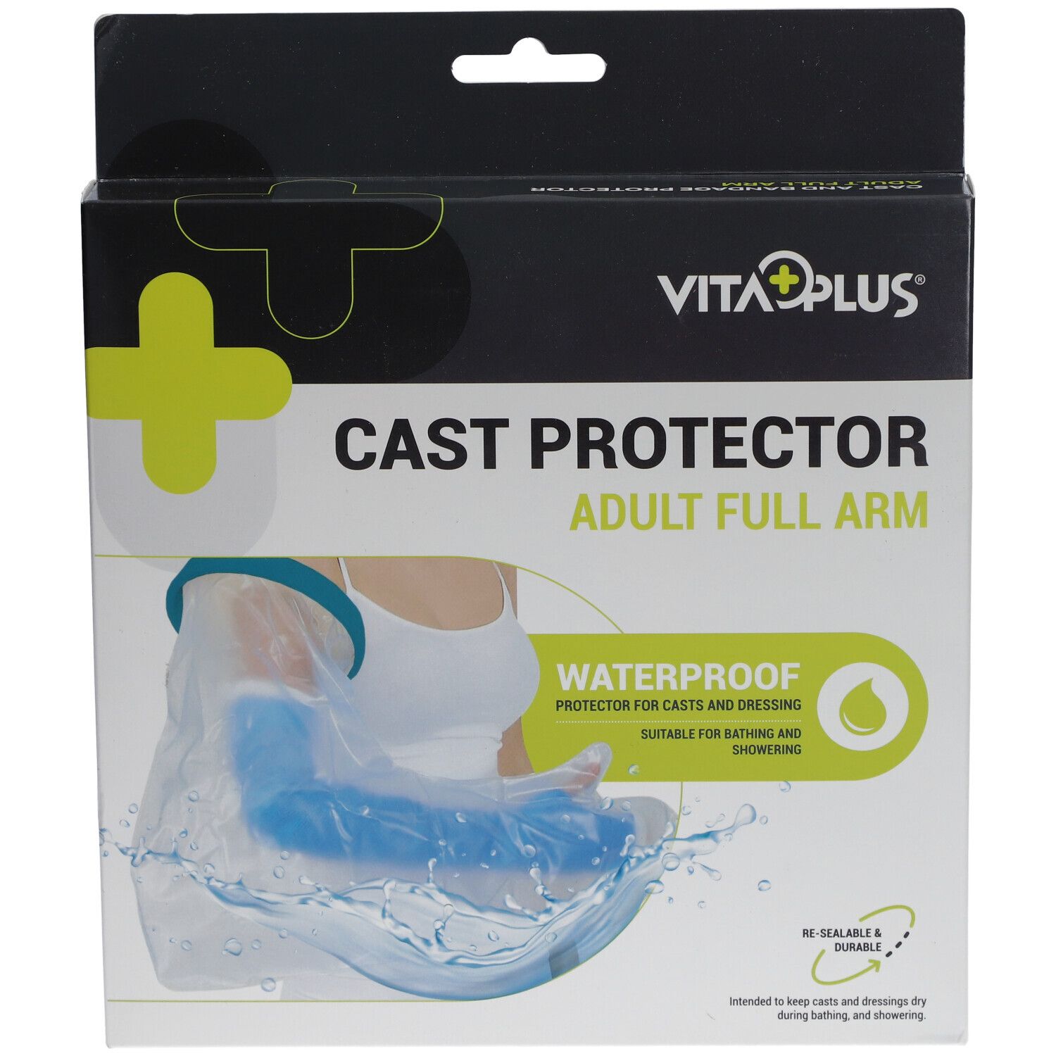 Emballage de protection de plâtre pour bras. Dessus noir avec croix jaune et logo "VITA PLUS". Nom et description du produit.