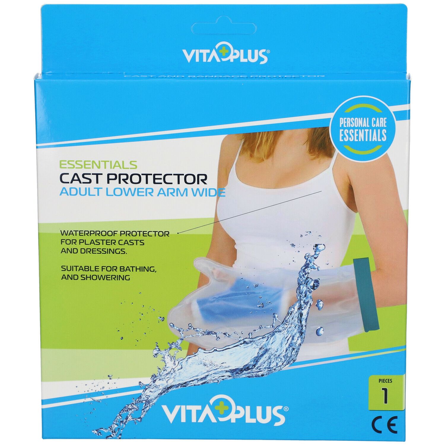 Emballage de protection de plâtre pour bras. Boîte bleue et blanche avec nom et logo du produit. Une personne est représentée avec le produit.