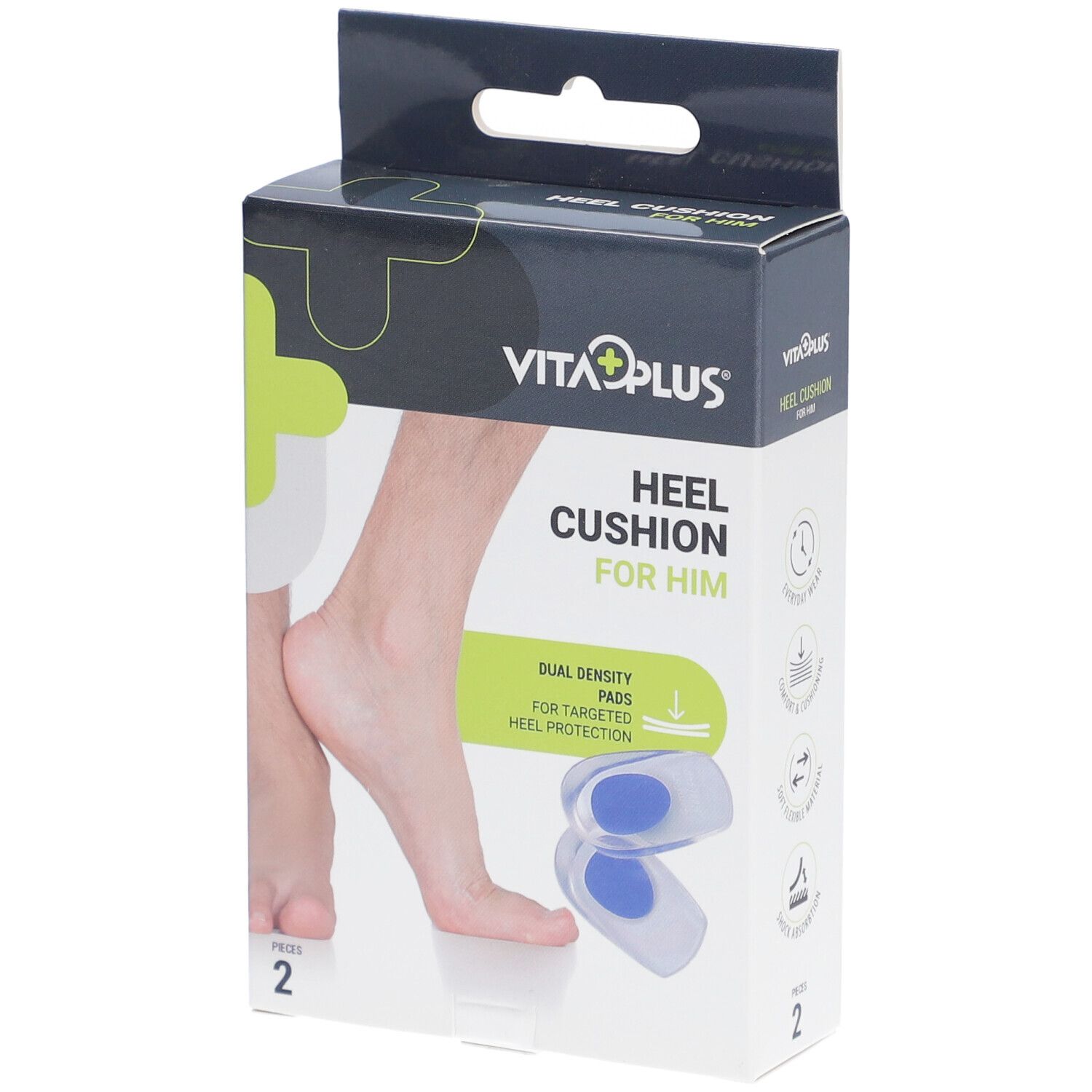 Verpakking met twee hielkussens. Merk: Vita Plus. Opschrift: Heel Cushion For Him. Illustratie van een voet en de kussens.