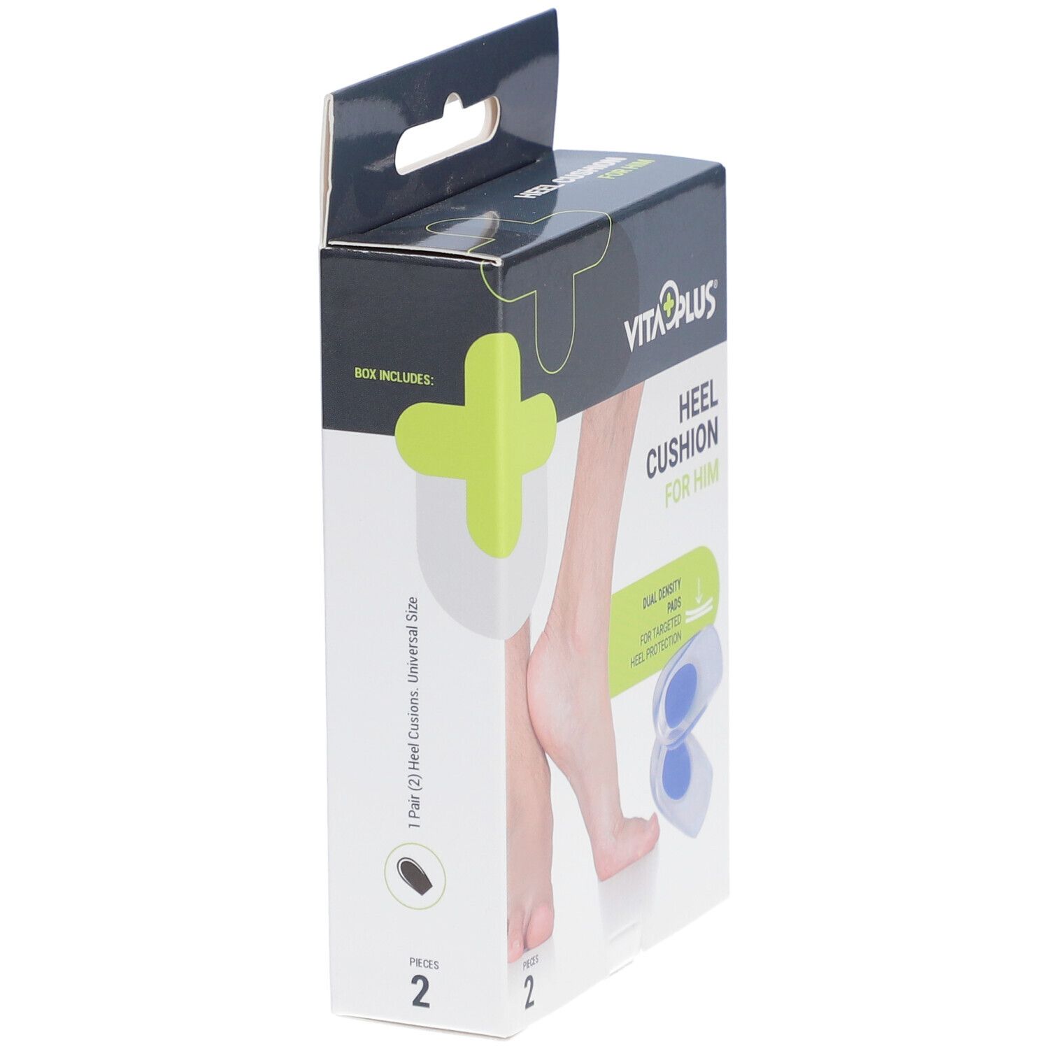 Verpakking hielkussens. Merk: Vita Plus. Opschrift: Heel Cushion For Him. Bevat twee kussens. Zijaanzicht van de verpakking.