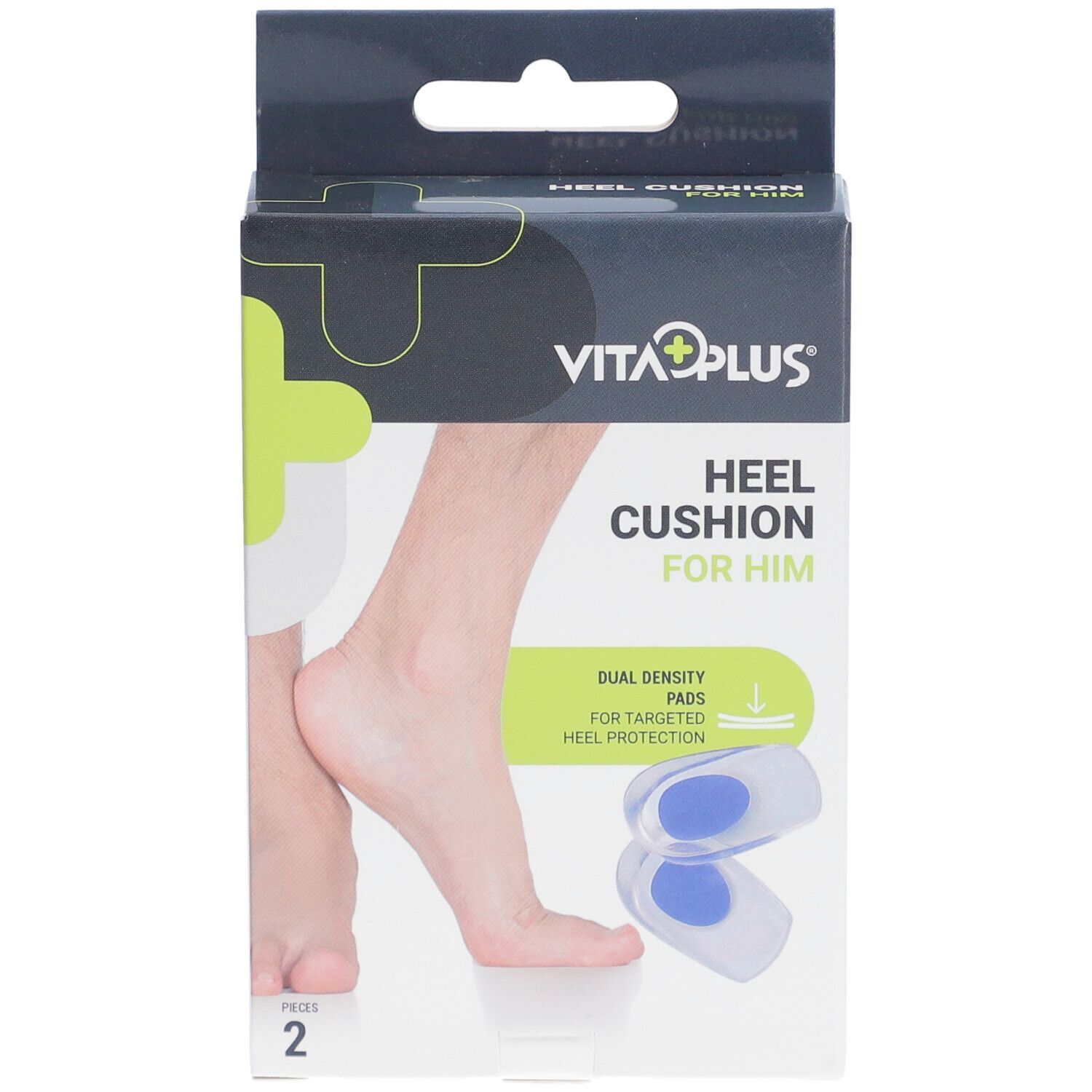Verpakking met twee hielkussens. Merk: Vita Plus. Opschrift: Heel Cushion For Him. Illustratie van een voet en de kussens.