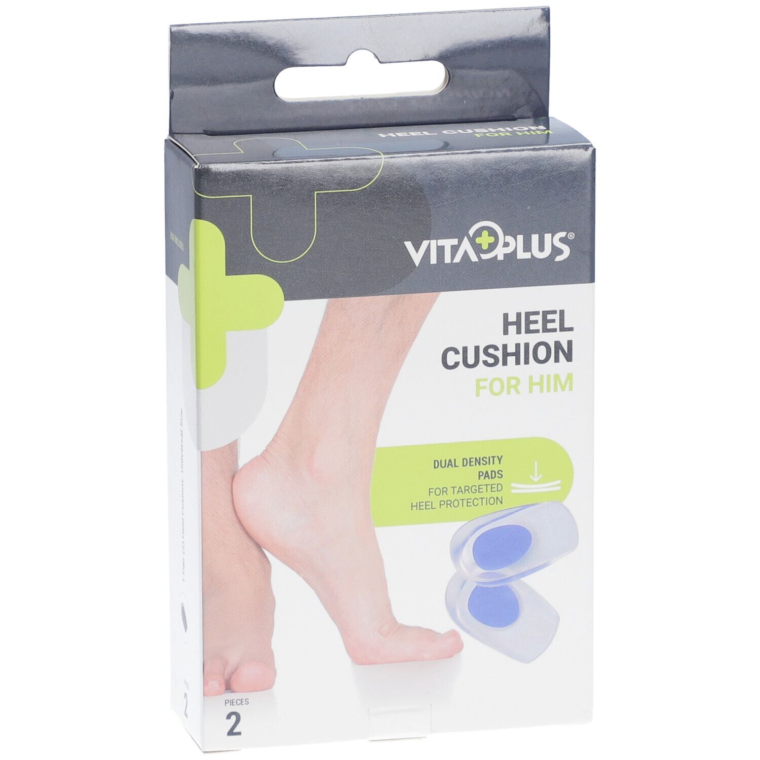 Verpakking met twee hielkussens. Merk: Vita Plus. Opschrift: Heel Cushion For Him. Illustratie van een voet en de kussens.