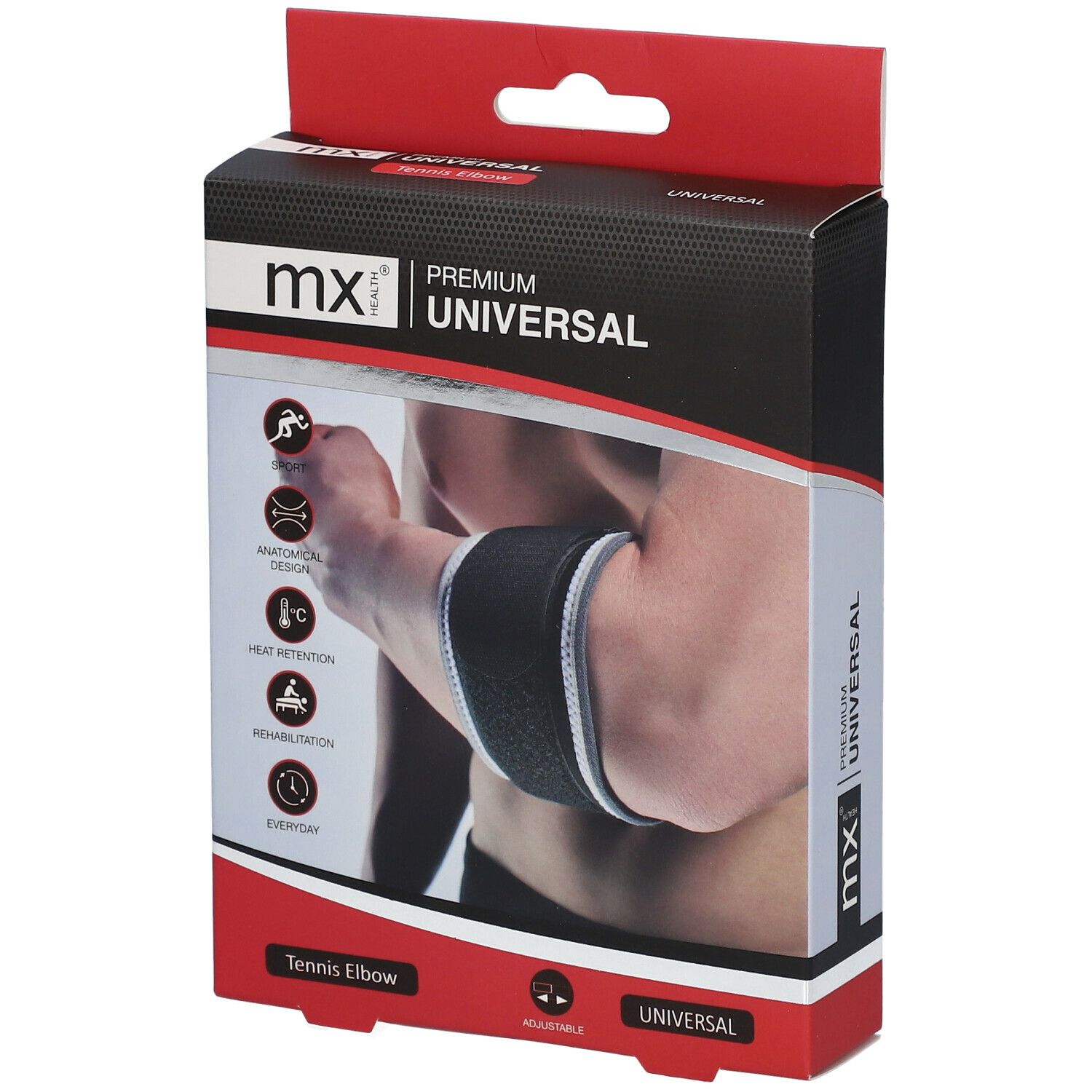 Boîte avec bandage pour le coude. Bandage noir sur le bras, nom du produit et logos visibles.