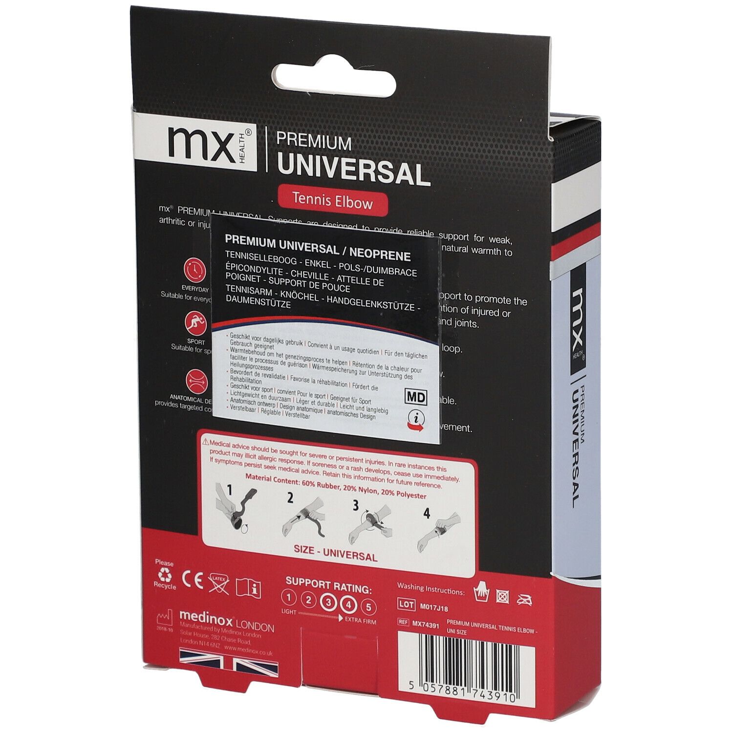 Dos de l'emballage avec informations sur le produit. Texte multilingue, logos et certifications.