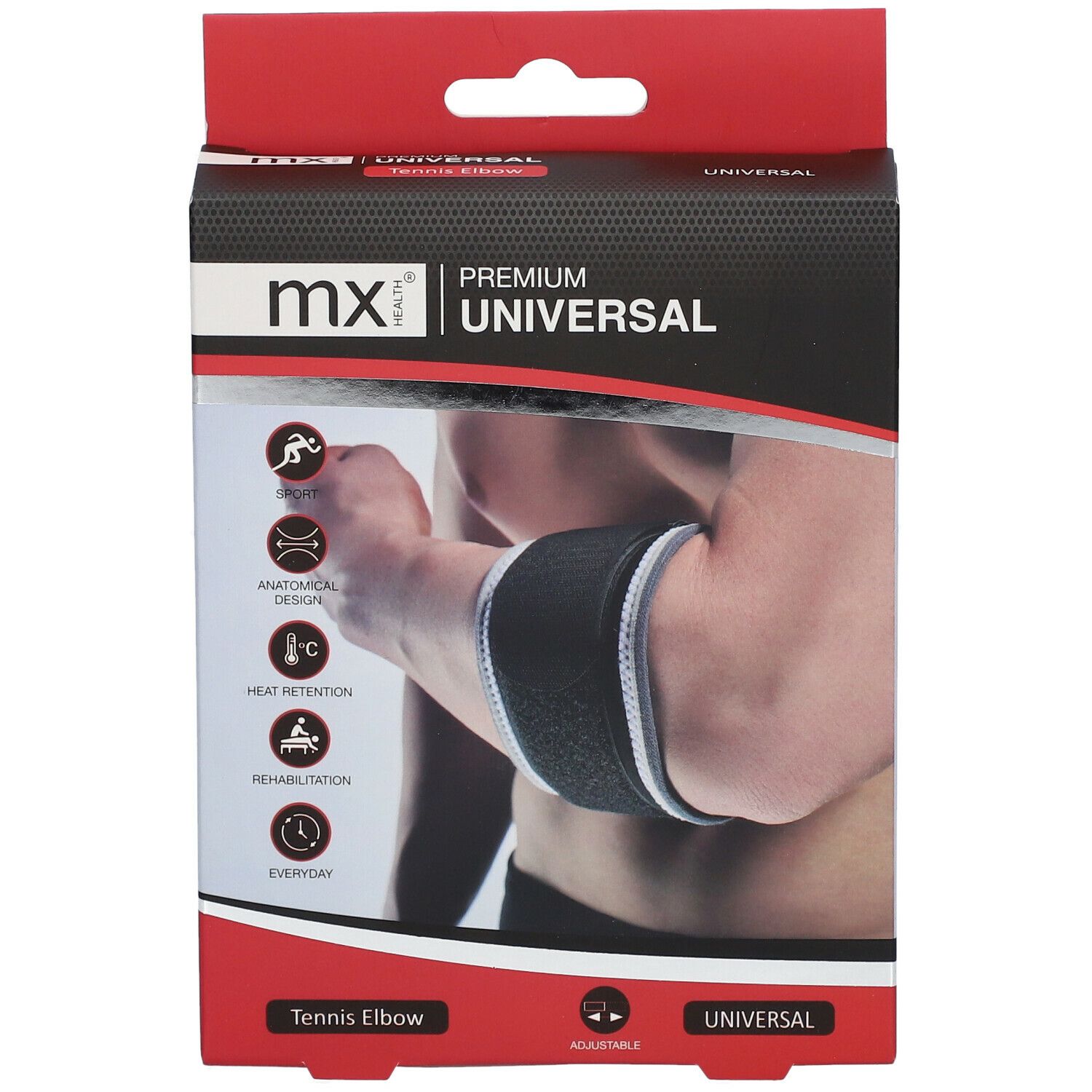 Boîte avec bandage pour le coude. Bandage noir sur le bras, nom du produit et logos visibles.