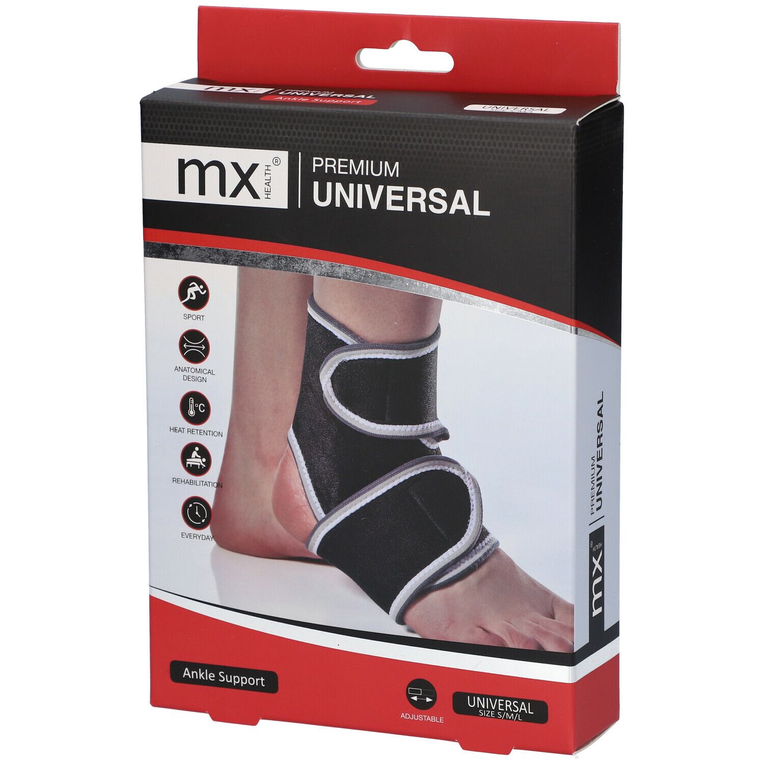 Verpakking met enkelbrace. Merk: mx health. Opschrift: PREMIUM UNIVERSAL. Zwarte brace afgebeeld op voet.
