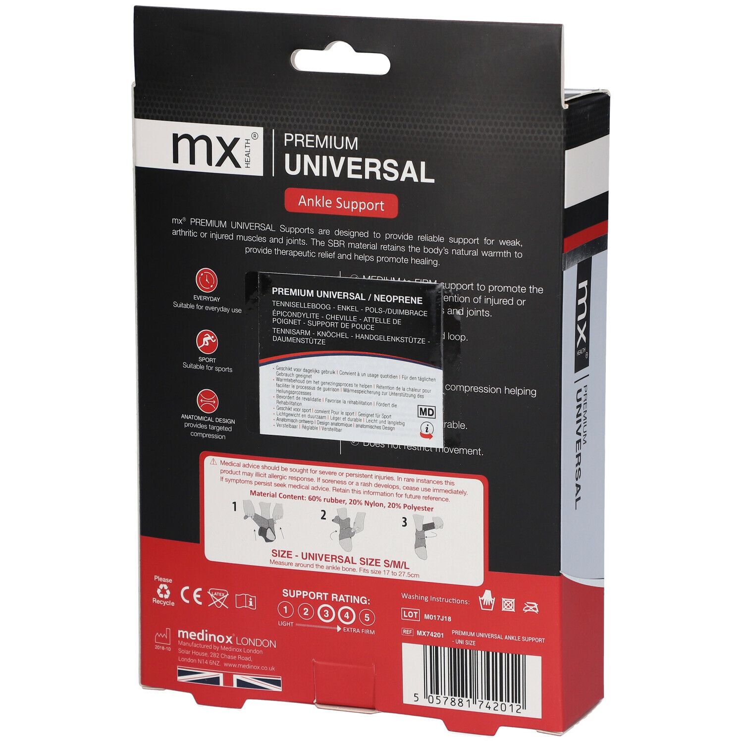 Achterkant van de verpakking. Merk: mx health. Opschrift: PREMIUM UNIVERSAL. Productinformatie en maten.