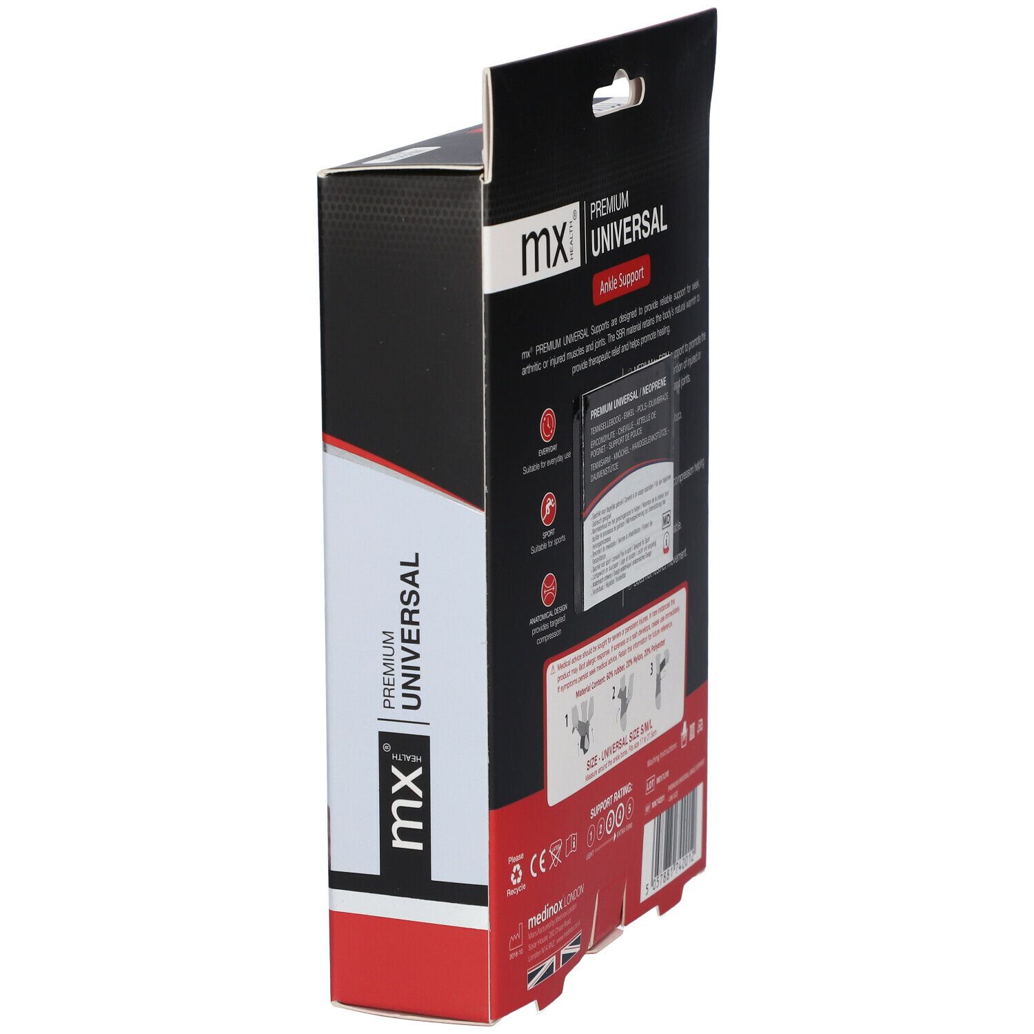 Zijaanzicht van de verpakking. Merk: mx health. Opschrift: PREMIUM UNIVERSAL. Productinformatie en maten.