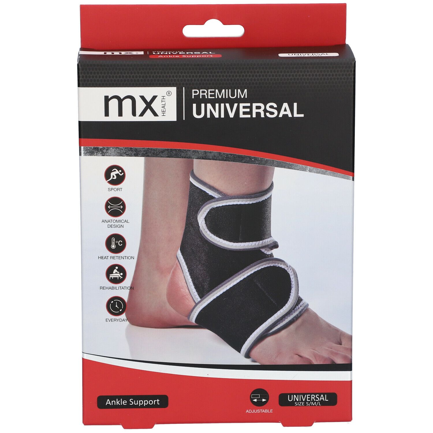 Verpakking met enkelbrace. Merk: mx health. Opschrift: PREMIUM UNIVERSAL. Zwarte brace afgebeeld op voet.