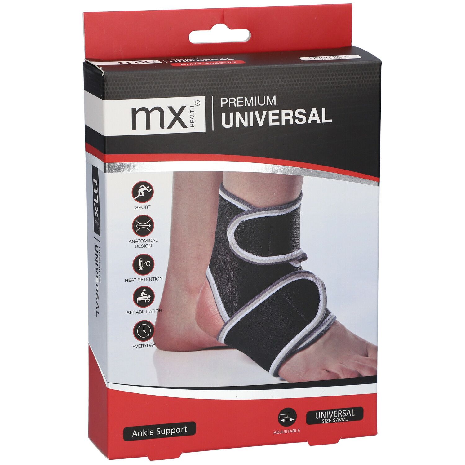 Verpakking met enkelbrace. Merk: mx health. Opschrift: PREMIUM UNIVERSAL. Zwarte brace afgebeeld op voet.