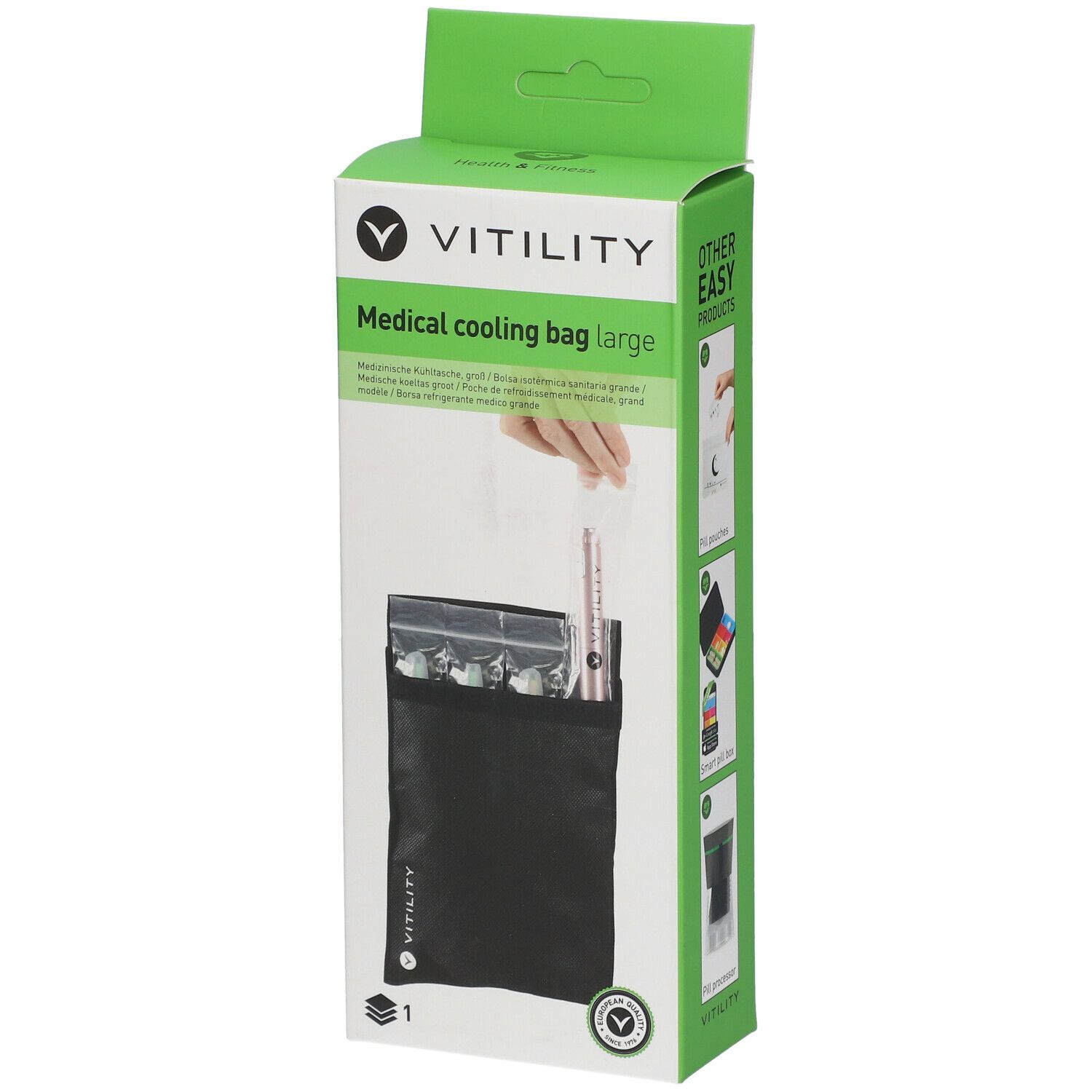 Zwarte koeltas in groene verpakking. Opschrift: Medical cooling bag large. Merk: Vitility.