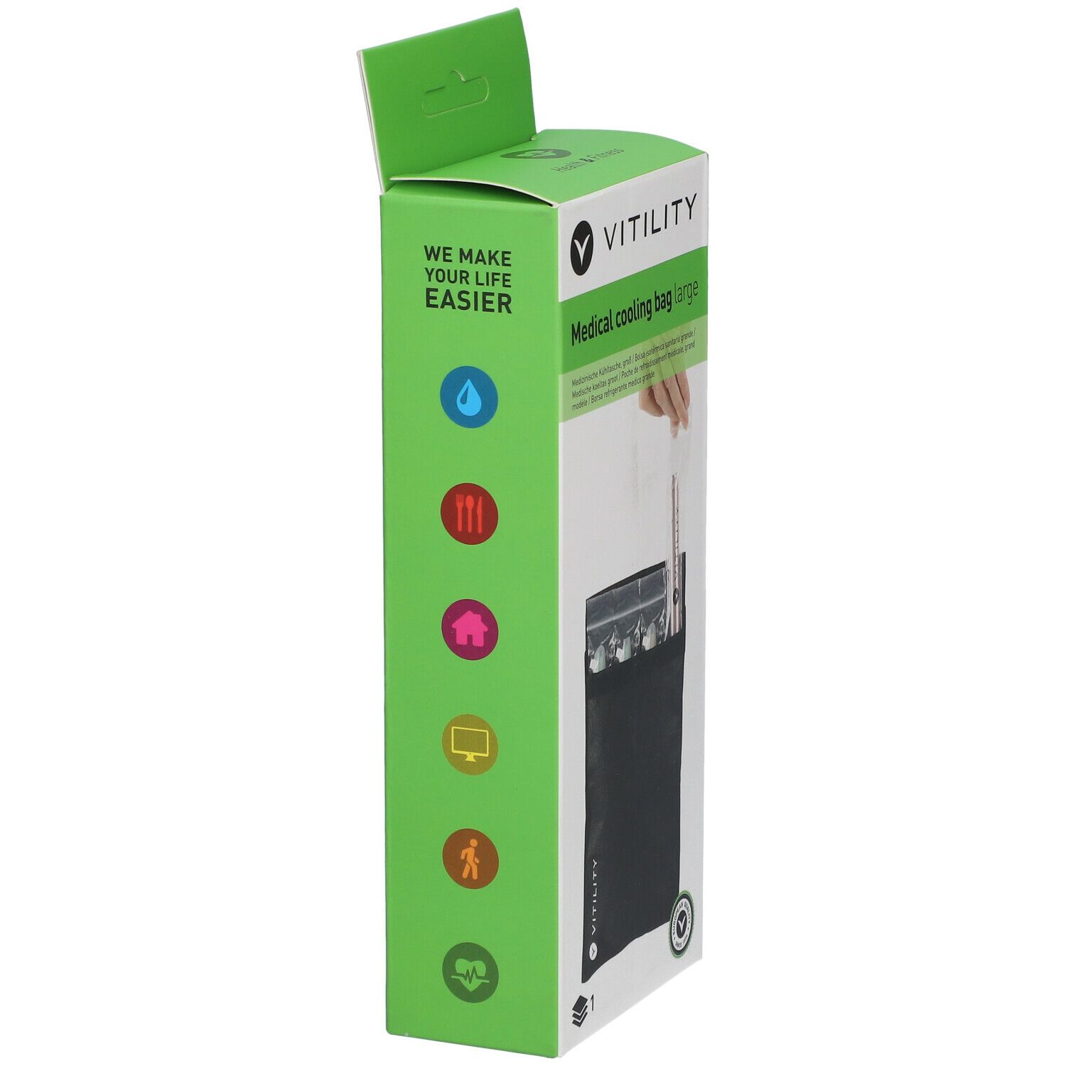 Groene verpakking met zwarte koeltas. Opschrift: Medical cooling bag large. Merk: Vitility. Zijaanzicht met iconen.