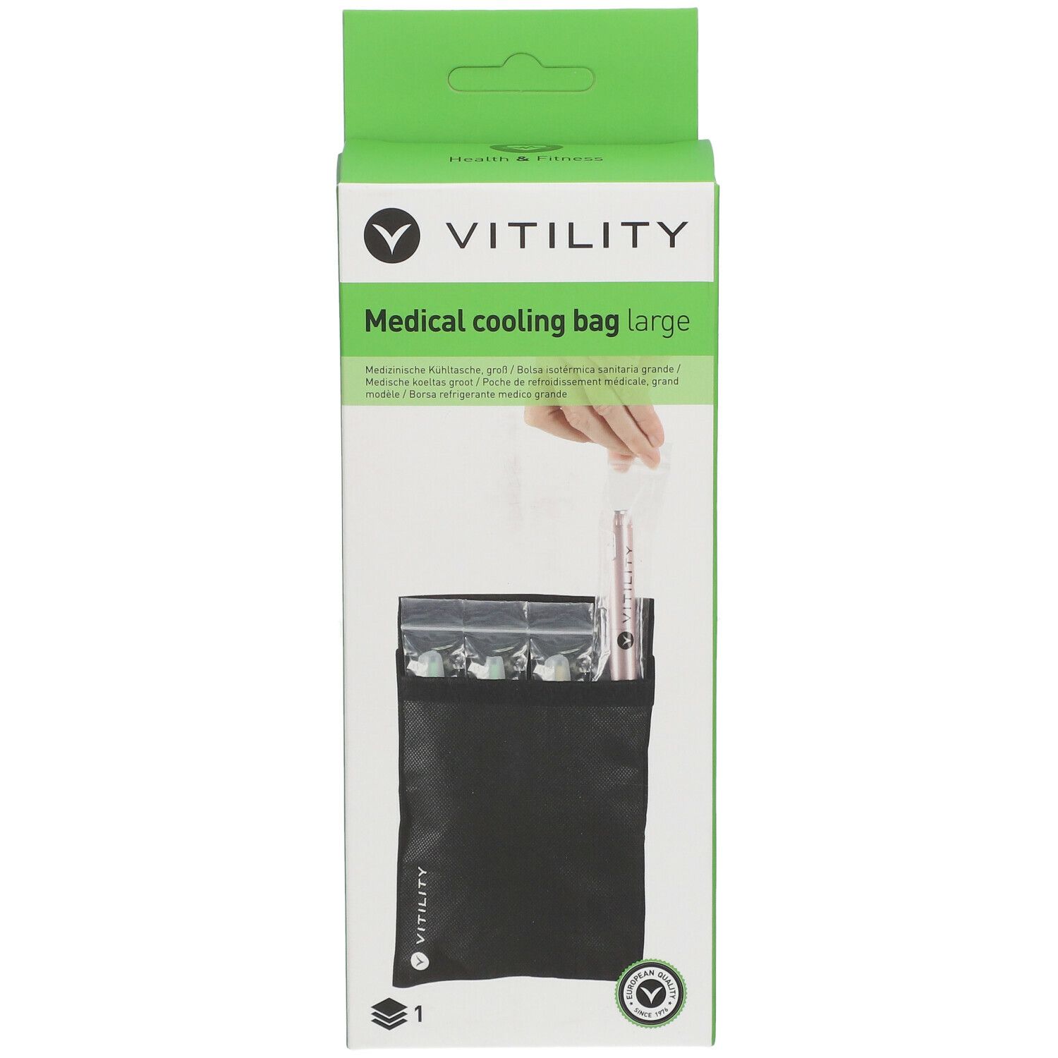 Zwarte koeltas in groene verpakking. Opschrift: Medical cooling bag large. Merk: Vitility. Inhoud zichtbaar.