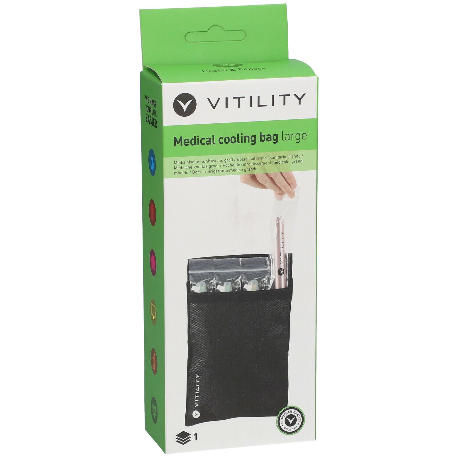 Zwarte koeltas in groene verpakking. Opschrift: Medical cooling bag large. Merk: Vitility. Inhoud zichtbaar.