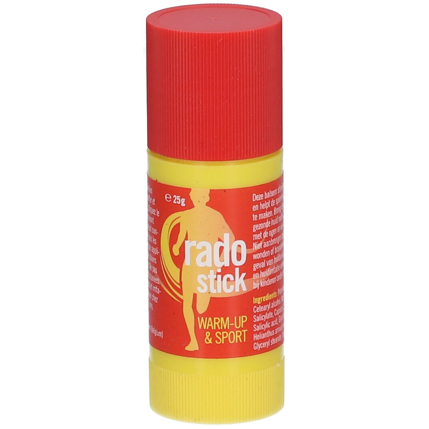 Gele stick met rode dop. Opschrift "rado stick" en "Warm-Up & Sport". Bevat 25g.