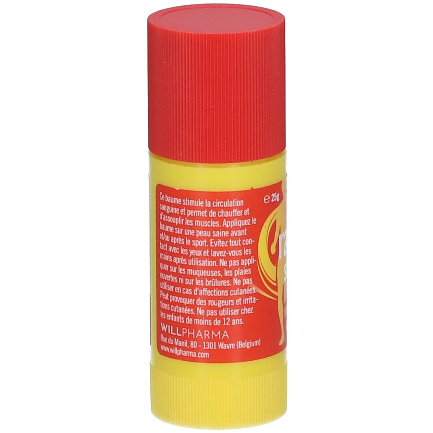 Gele stick met rode dop. Achterkant met tekst en ingrediënten. Bevat 25g.