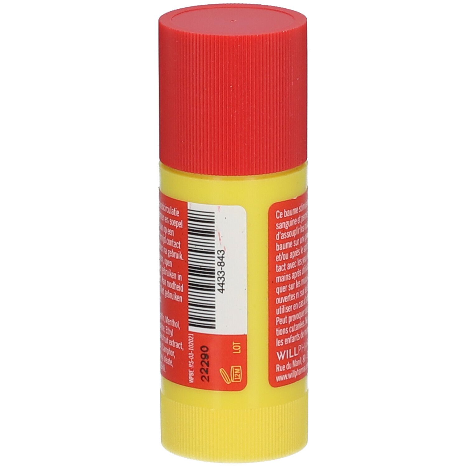 Gele stick met rode dop. Achterkant met tekst, barcode en ingrediënten. Bevat 25g.