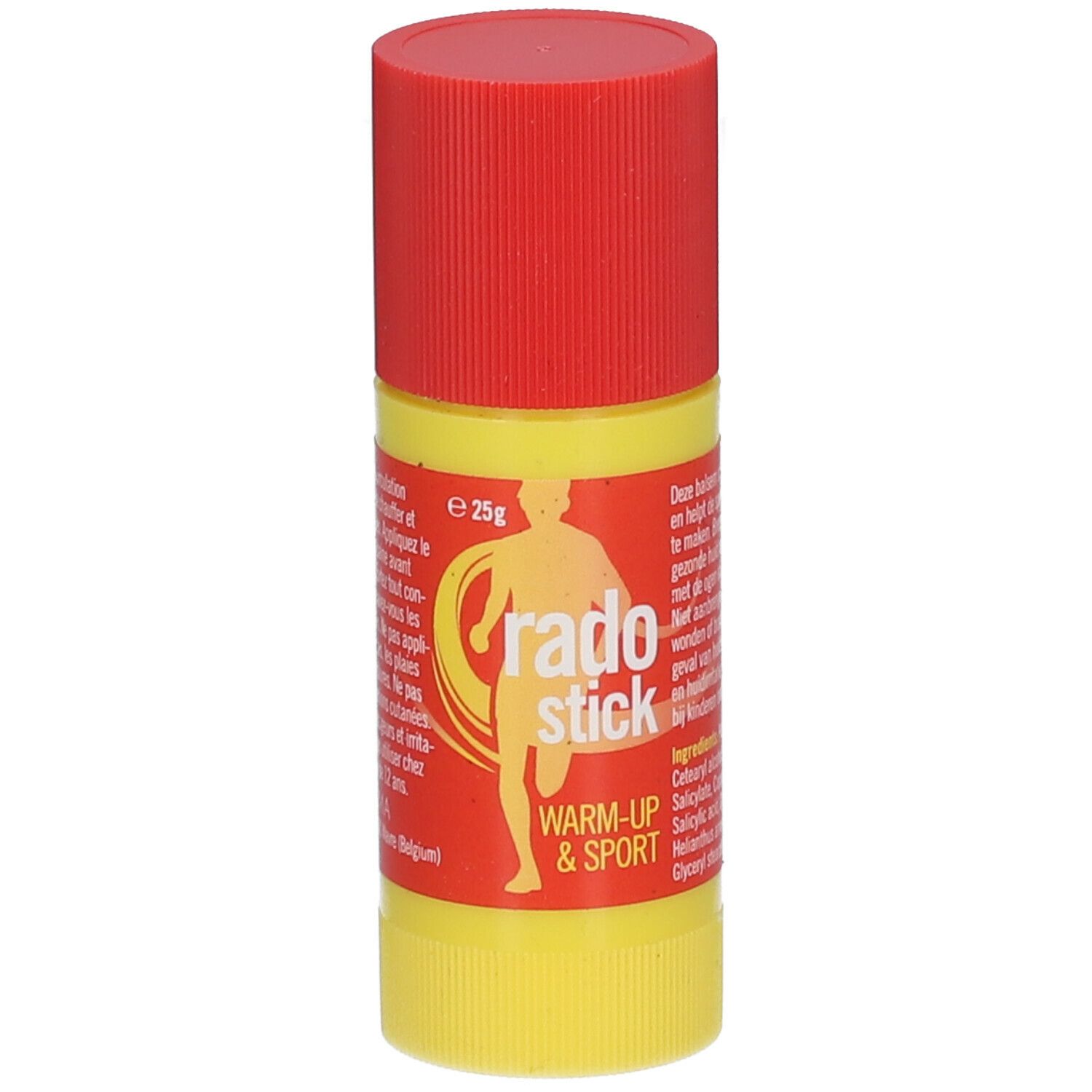 Gele stick met rode dop. Opschrift "rado stick" en "Warm-Up & Sport". Bevat 25g.