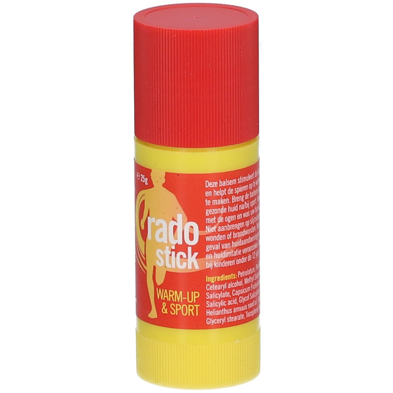 Gele stick met rode dop. Opschrift "rado stick" en "Warm-Up & Sport". Bevat 25g.
