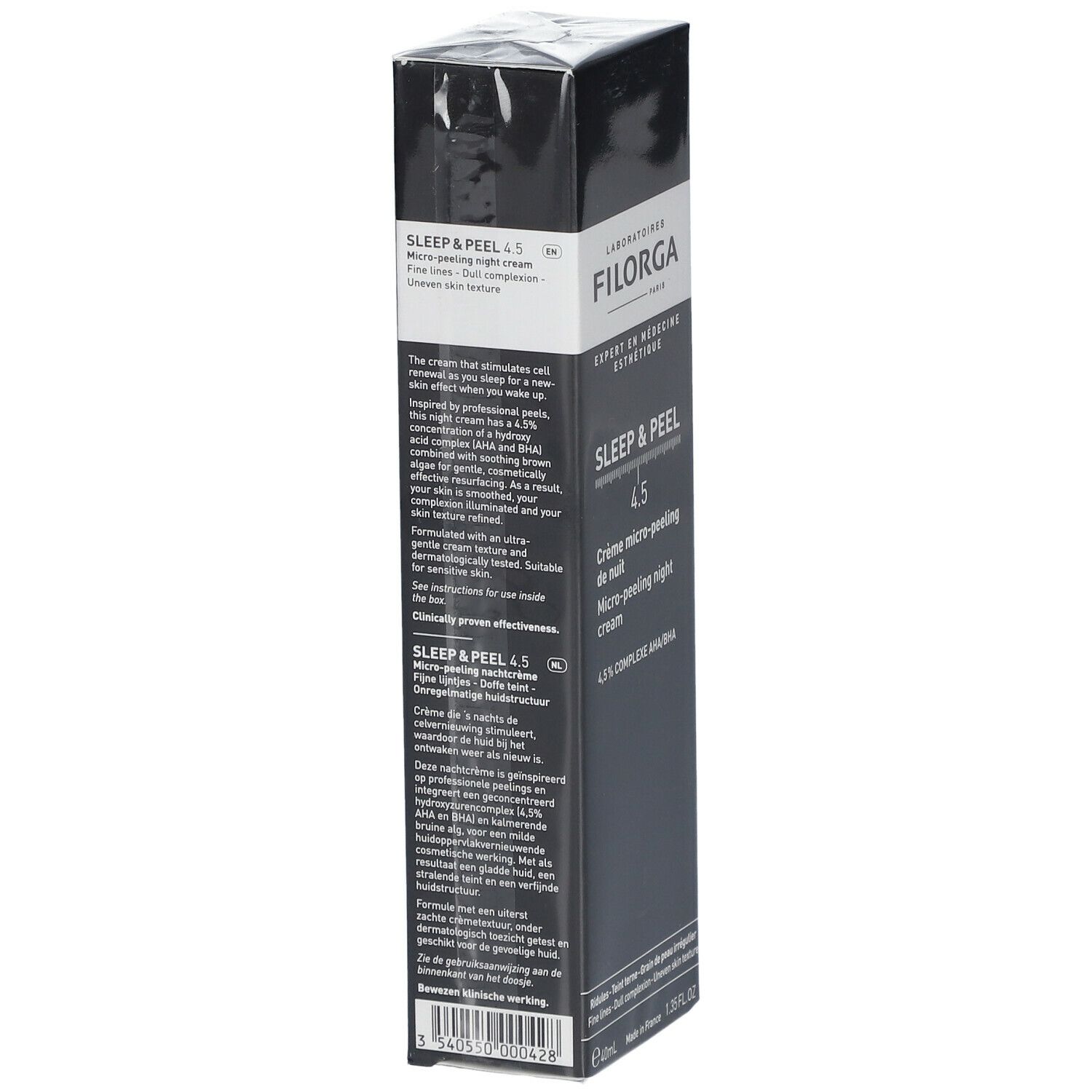 Zwarte verpakking met productinformatie. Tekst: Sleep & Peel 4.5, Crème micro-peeling de nuit, Filorga.