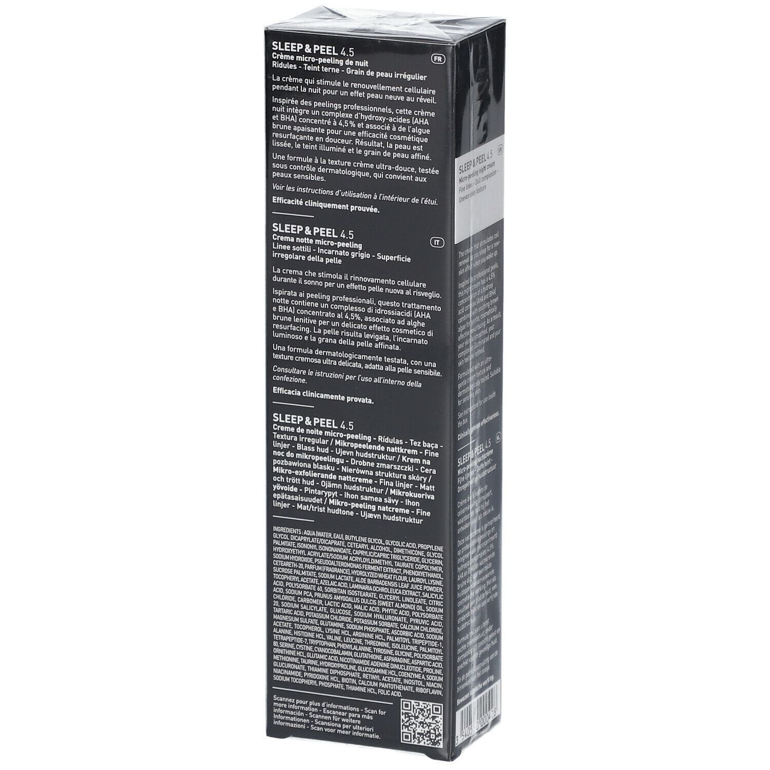 Zwarte verpakking met productinformatie. Tekst: Sleep & Peel 4.5, Crème micro-peeling de nuit, Filorga.