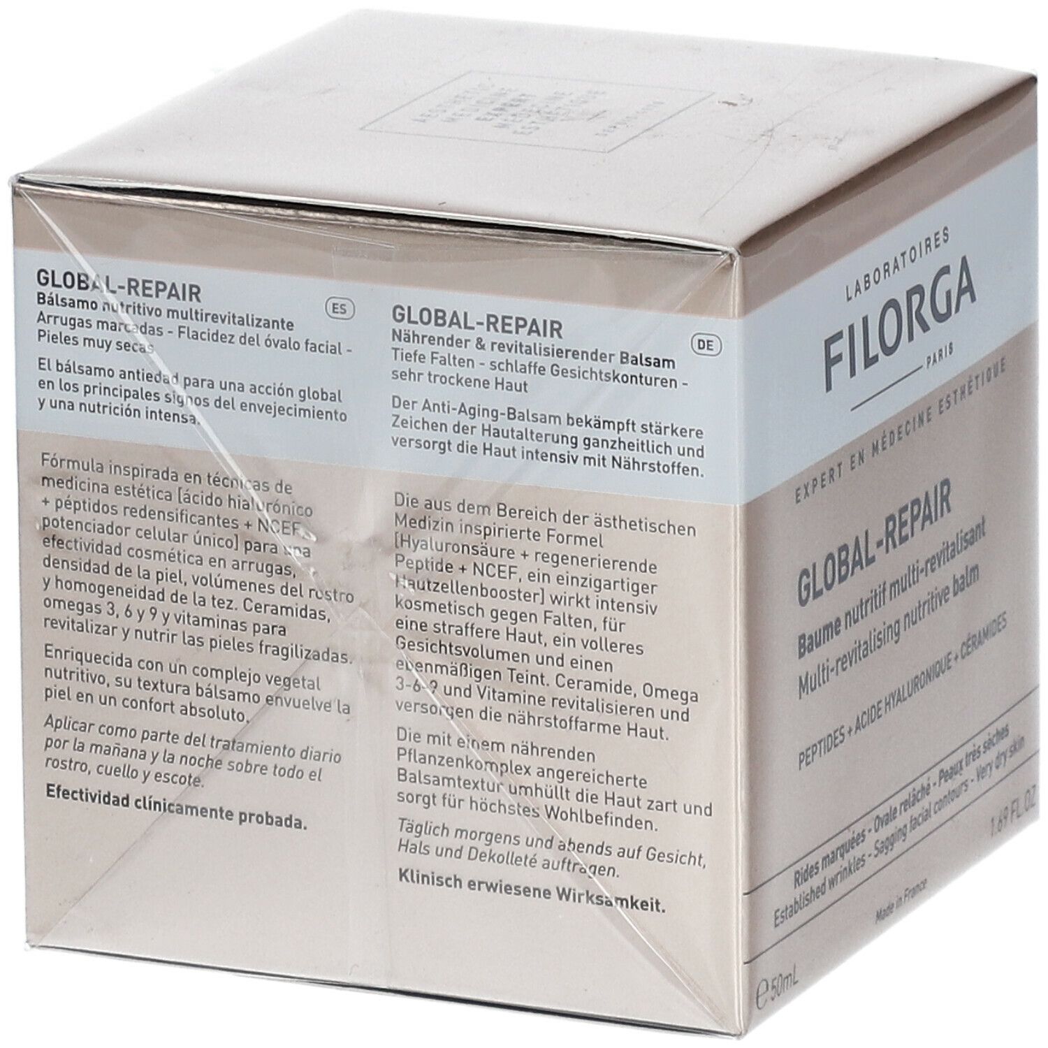 Boîte avec texte du produit. Marque FILORGA, nom GLOBAL-REPAIR. Contient peptides, acide hyaluronique et céramides. Pour peaux sèches.