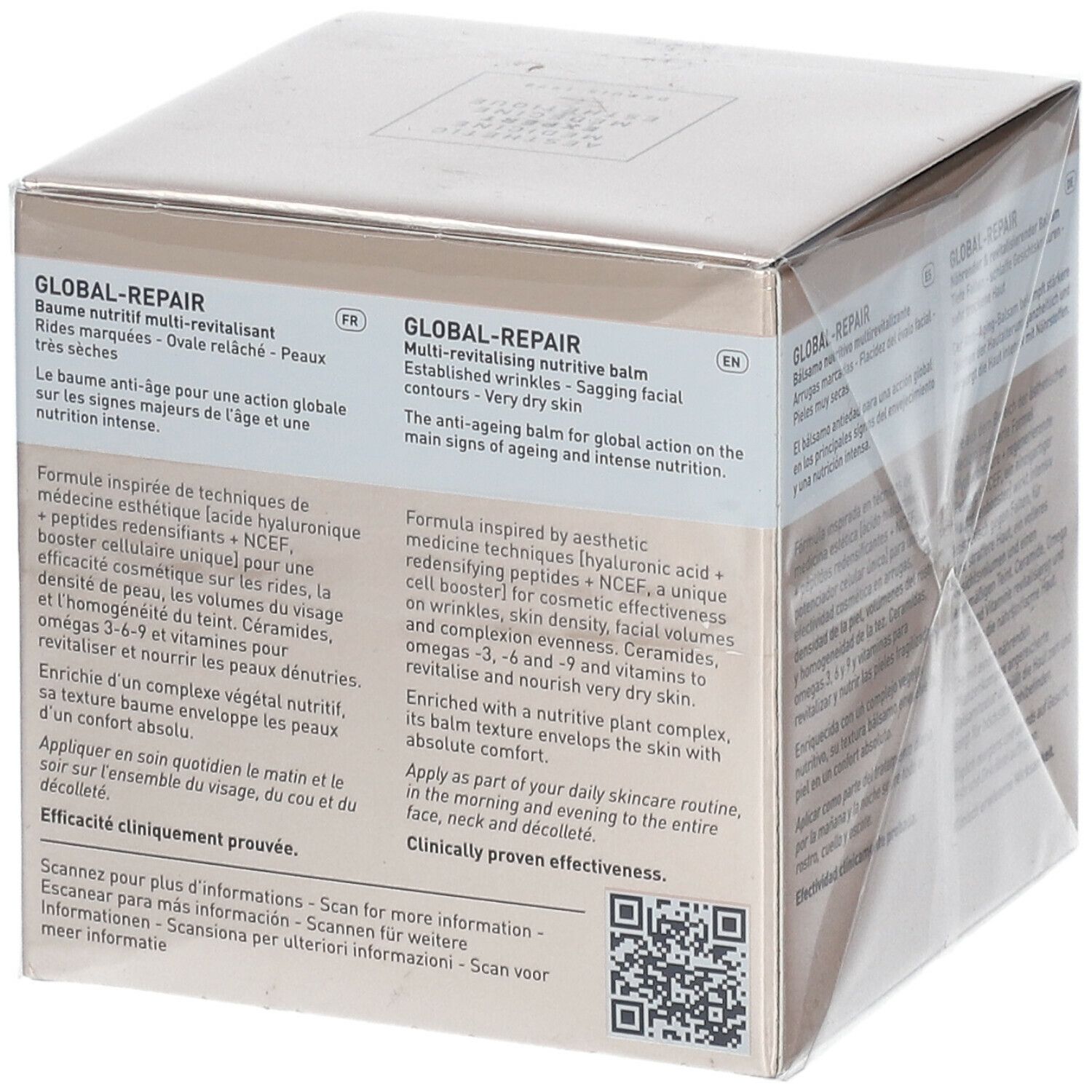 Boîte avec texte du produit. Marque FILORGA, nom GLOBAL-REPAIR. Contient peptides, acide hyaluronique et céramides. Pour peaux sèches.