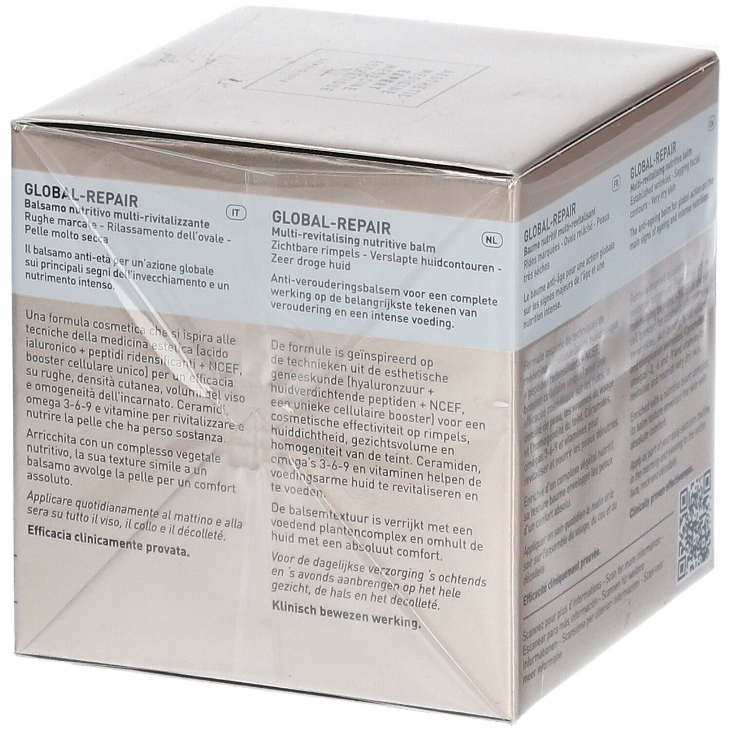 Boîte avec texte du produit. Marque FILORGA, nom GLOBAL-REPAIR. Contient peptides, acide hyaluronique et céramides. Pour peaux sèches.