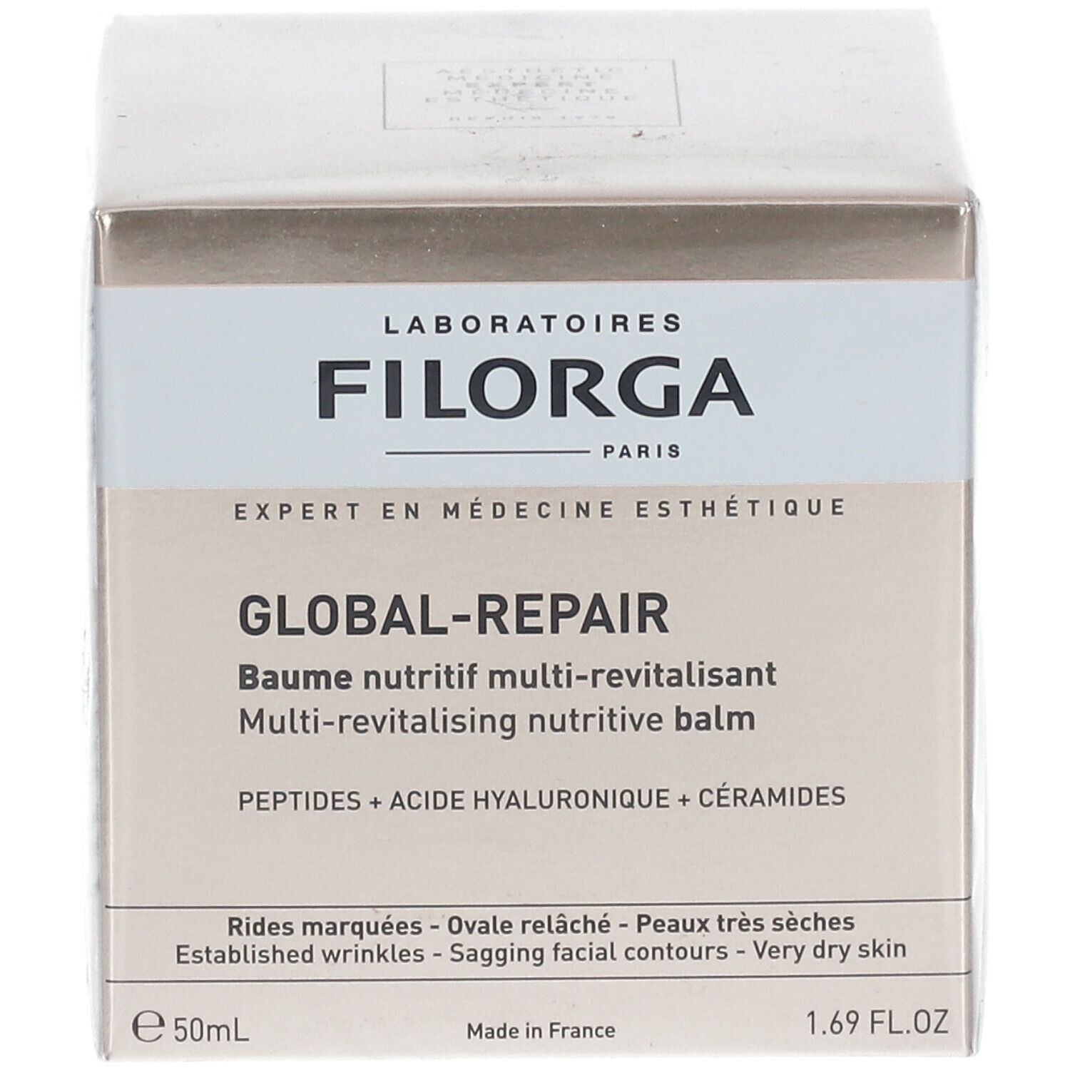Emballage du produit. Marque FILORGA, nom GLOBAL-REPAIR. Contient peptides, acide hyaluronique et céramides. Pour peaux sèches.