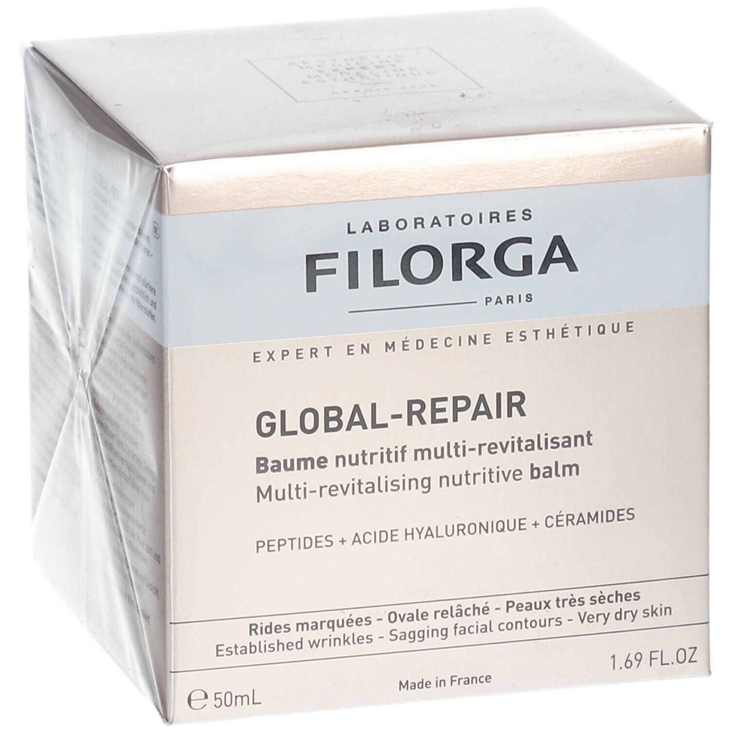 Emballage du produit. Marque FILORGA, nom GLOBAL-REPAIR. Contient peptides, acide hyaluronique et céramides. Pour peaux sèches.