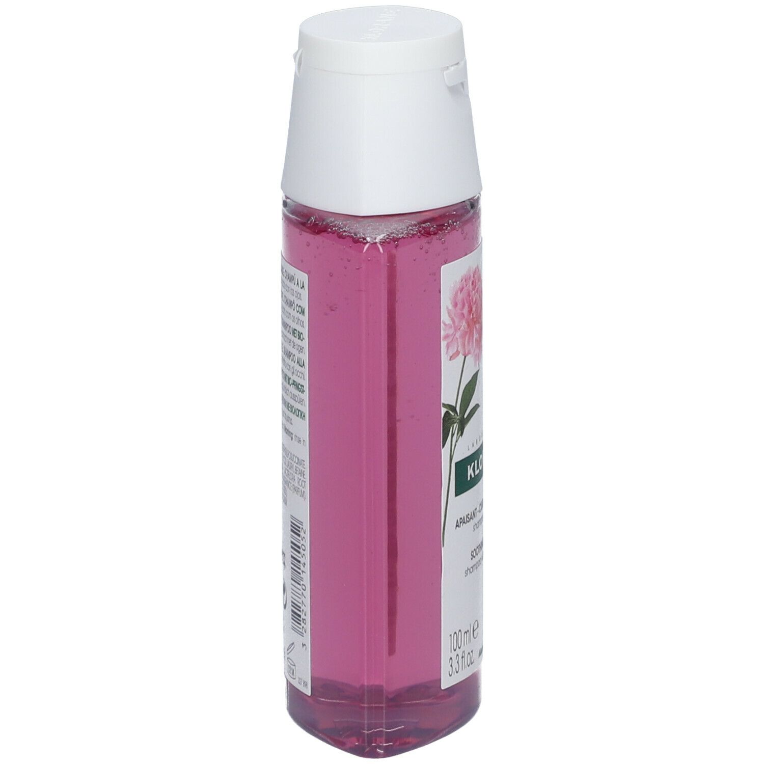 Flasche KLORANE Shampoo mit Pfingstrose BIO. Seitliche Ansicht. Rosa Flüssigkeit, weißer Deckel, Etikett.