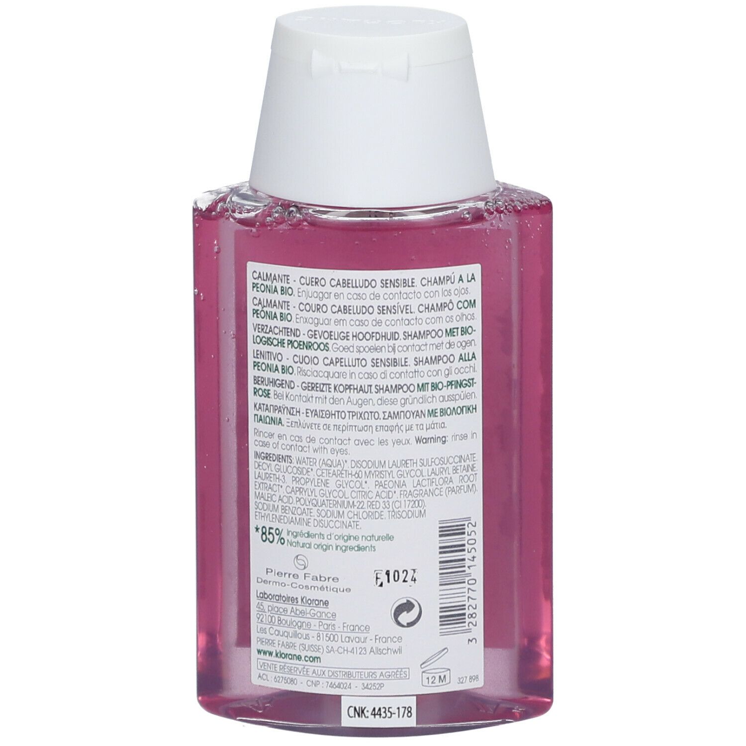 Rückseite der Flasche KLORANE Shampoo mit Pfingstrose BIO. Text in mehreren Sprachen, Inhaltsstoffe, Zertifizierung.