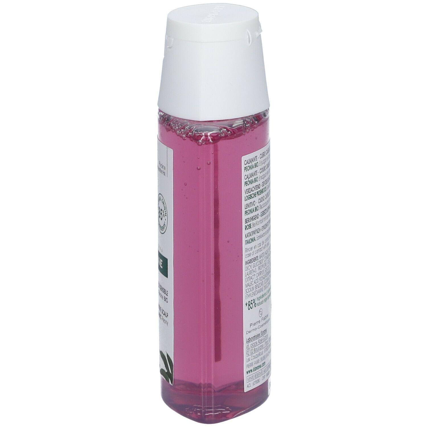Flasche KLORANE Shampoo mit Pfingstrose BIO. Seitliche Ansicht. Rosa Flüssigkeit, weißer Deckel, Etikett.