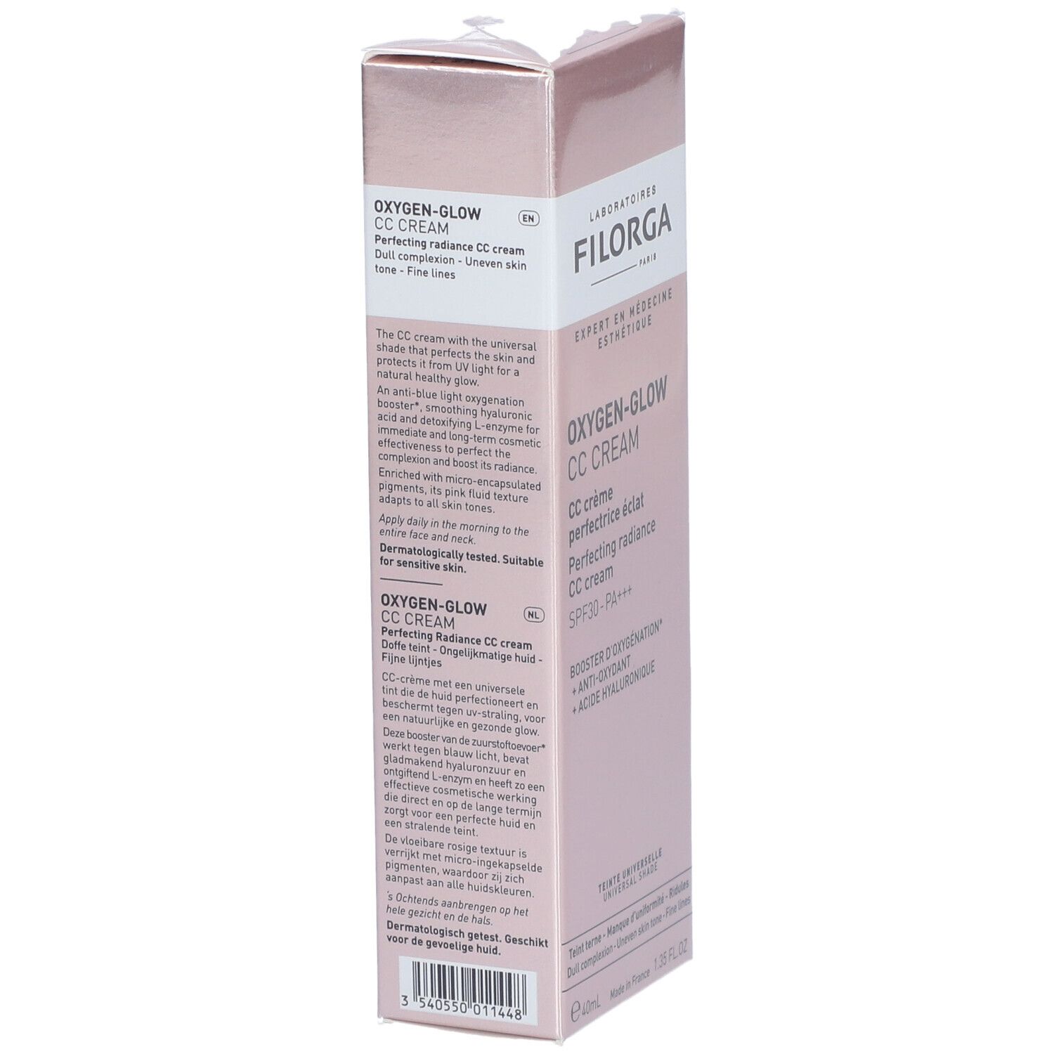 Zijaanzicht van de roze FILORGA Oxygen-Glow CC Cream verpakking. Meertalige tekst.