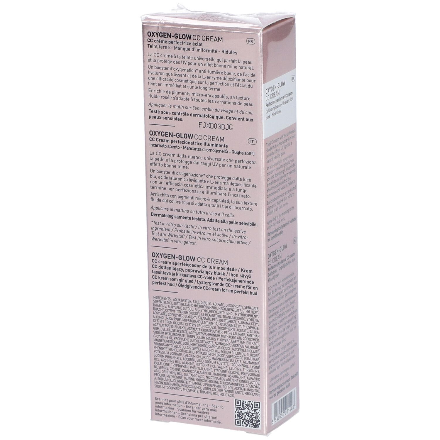 Achterkant van de roze FILORGA Oxygen-Glow CC Cream verpakking. Meertalige tekst.