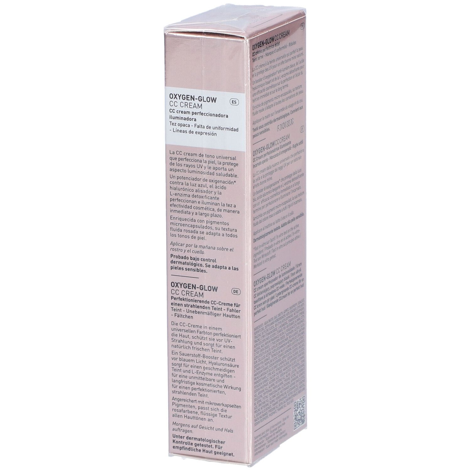 Zijaanzicht van de roze FILORGA Oxygen-Glow CC Cream verpakking. Meertalige tekst.